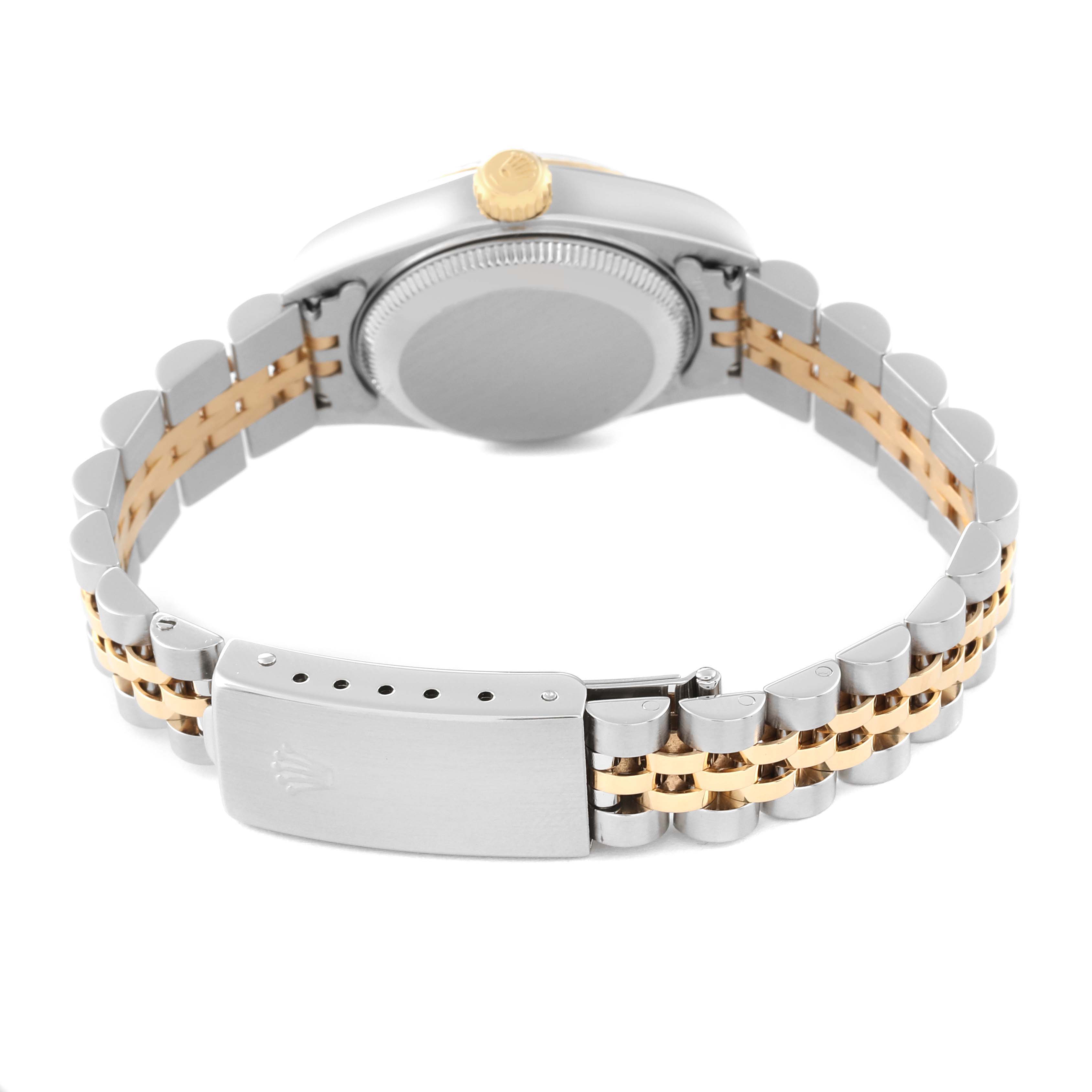 The image shows the back view of a Rolex Datejust 79173 Women's Steel and Gold (two tone) Blue Dial 79173 Women's Steel and Gold (two tone) Blue Dial watch, highlighting the case, crown, and Jubilee bracelet with a clasp.