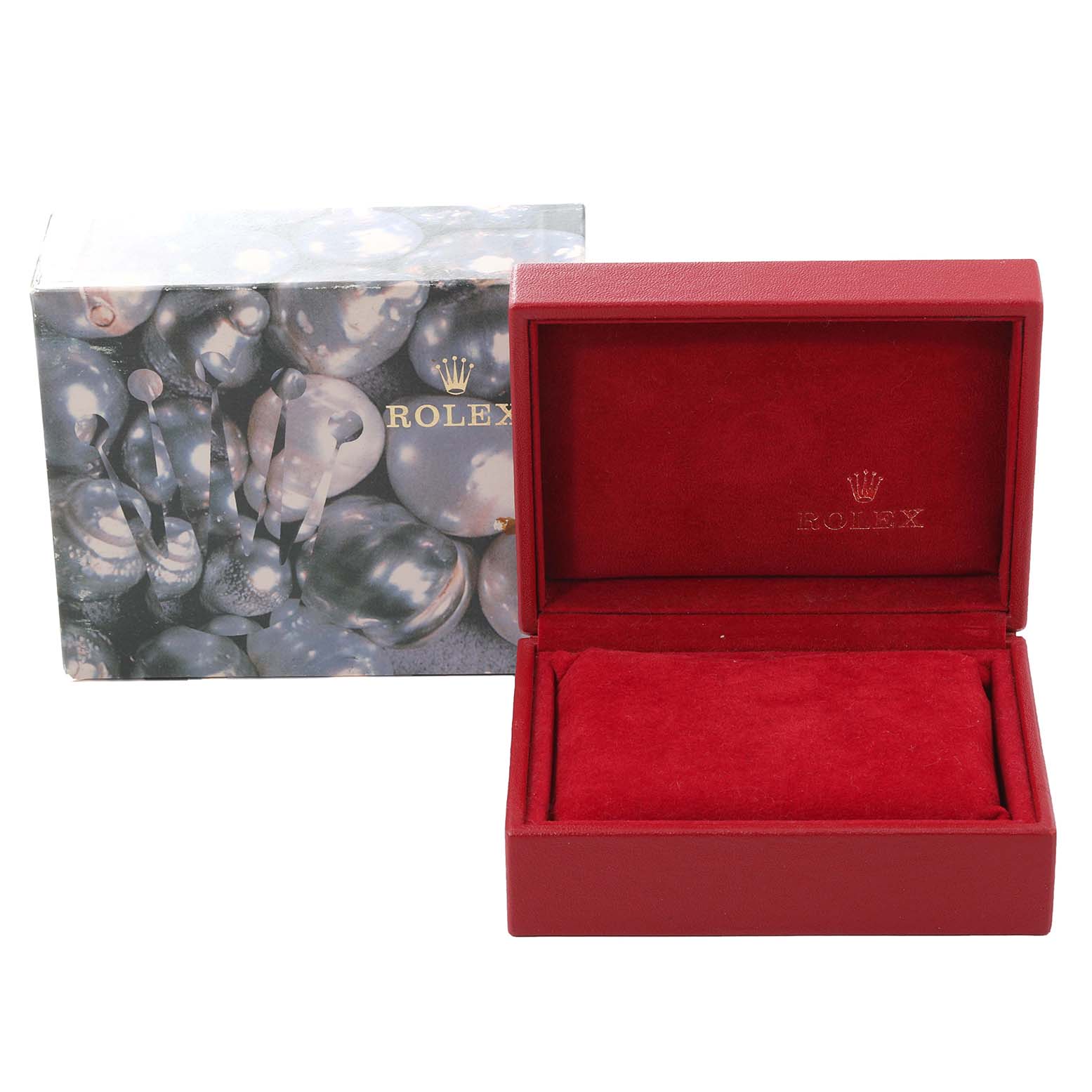 The image shows an open red Rolex box and its outer decorative packaging for a Datejust model watch.