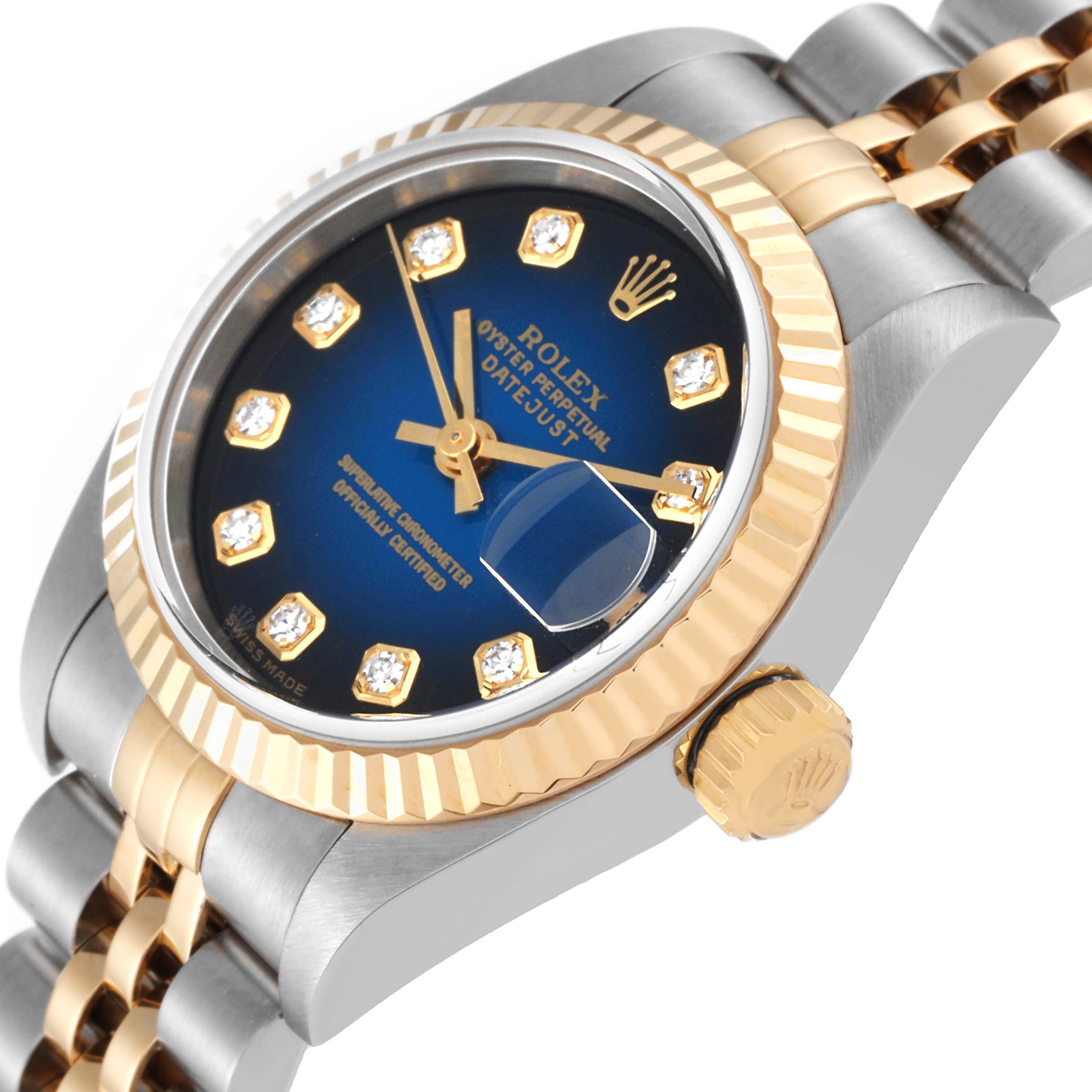 This image shows a close-up angle of a Rolex Datejust 79173 Women's Steel and Gold (two tone) Blue Dial 79173 Women's Steel and Gold (two tone) Blue Dial watch, highlighting the dial, bezel, and part of the bracelet.