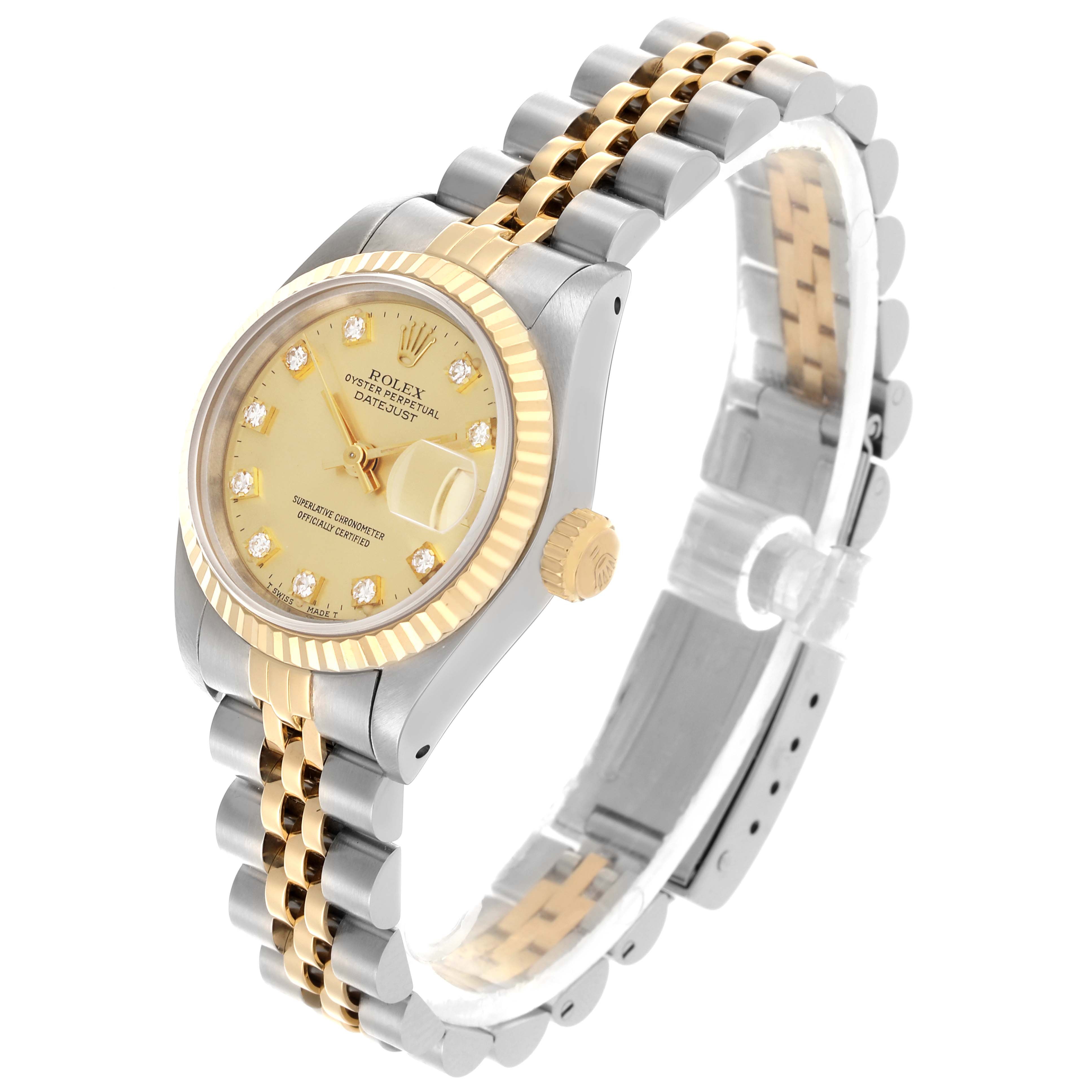 The Rolex Datejust 69173 Women's Steel and Gold (two tone) Champagne Dial 69173 Women's Steel and Gold (two tone) Champagne Dial watch is shown from a three-quarter angle, displaying the bracelet, dial, and crown.