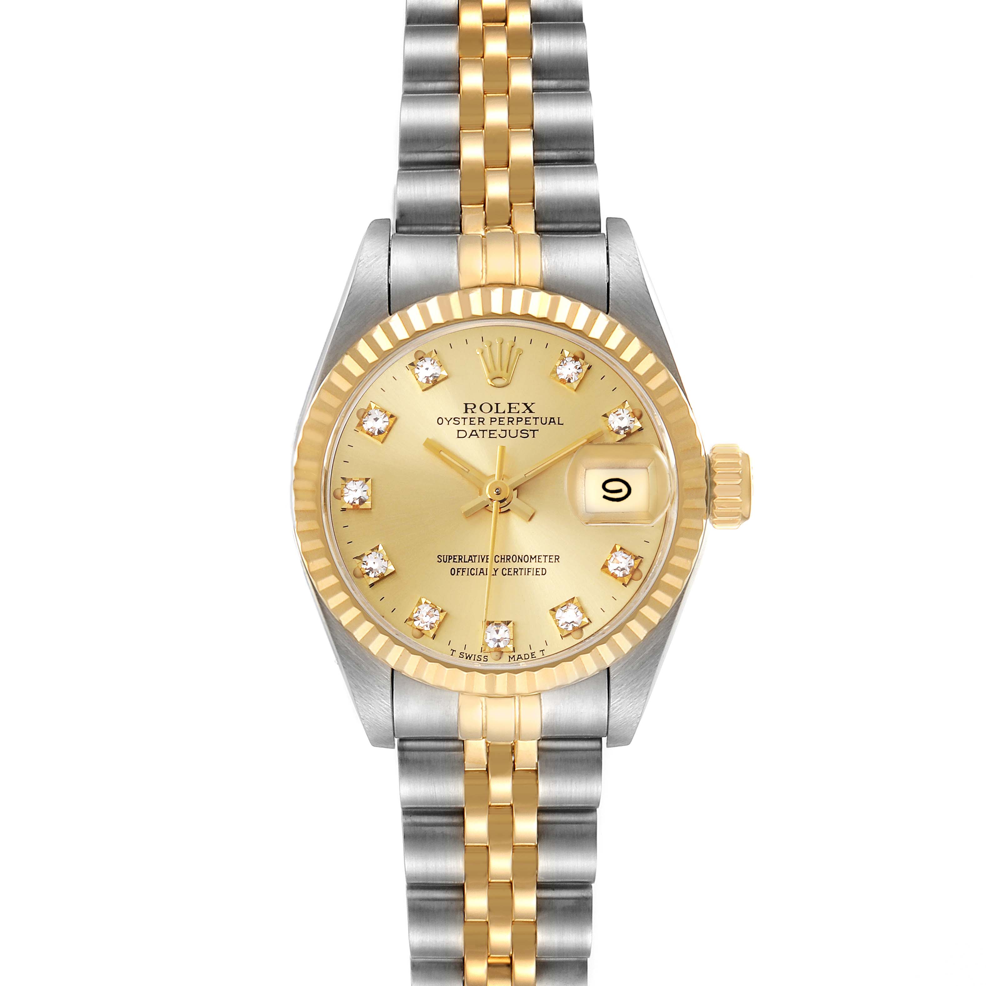 The Rolex Datejust 69173 Women's Steel and Gold (two tone) Champagne Dial 69173 Women's Steel and Gold (two tone) Champagne Dial watch is shown from the front, featuring its dial, bezel, and two-tone bracelet.