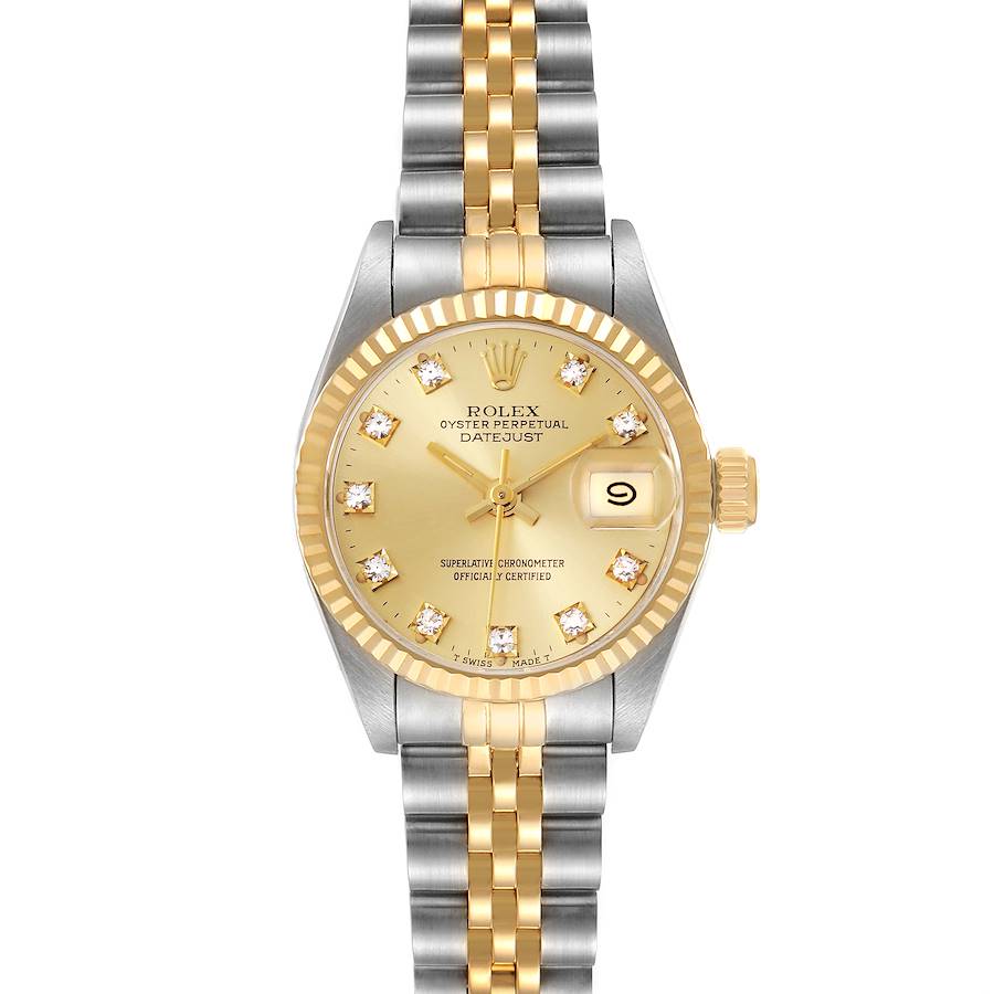 The Rolex Datejust watch is shown from the front, featuring its dial, bezel, and two-tone bracelet.