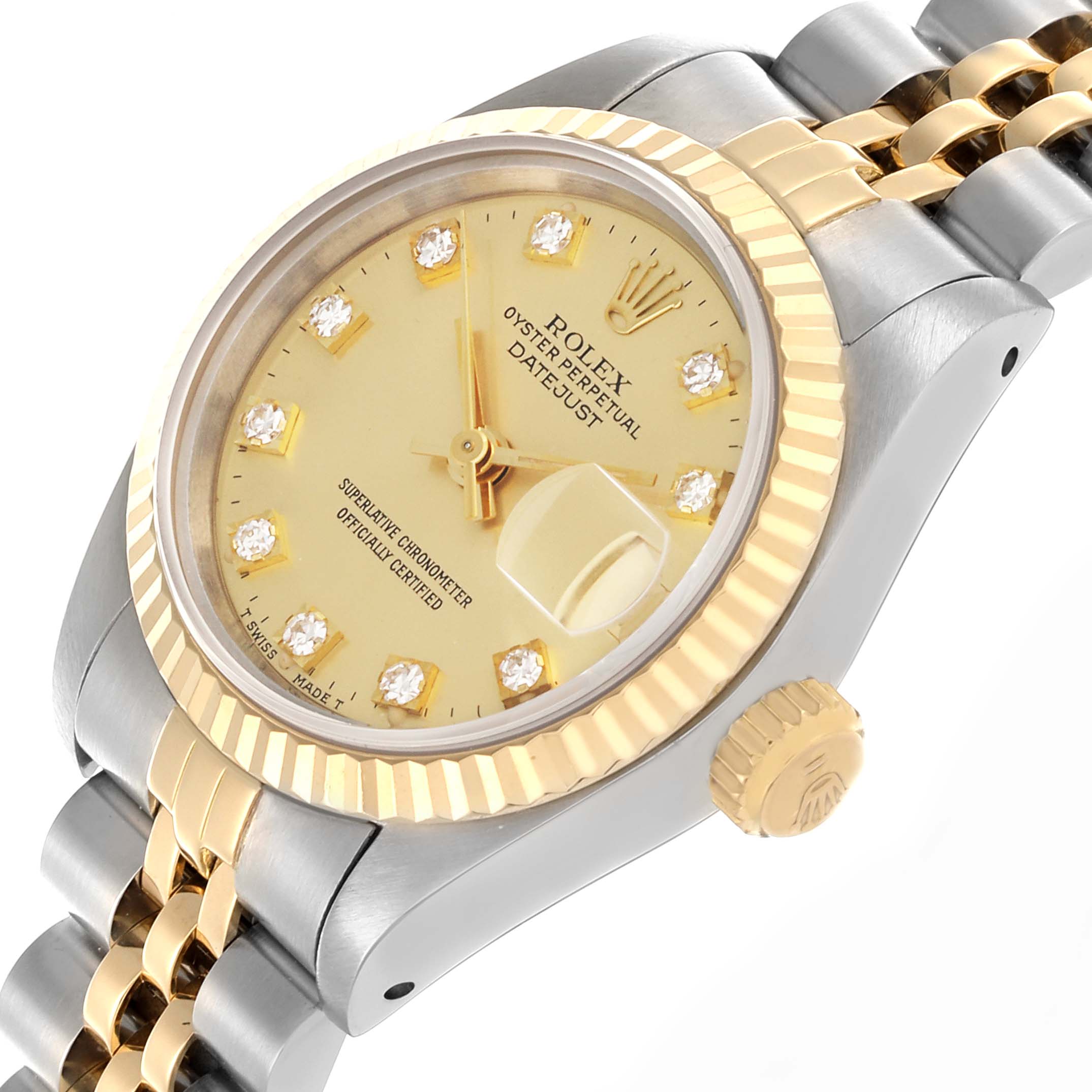 The Rolex Datejust 69173 Women's Steel and Gold (two tone) Champagne Dial 69173 Women's Steel and Gold (two tone) Champagne Dial watch is shown at an angle displaying the dial, bezel, crown, and part of the bracelet.