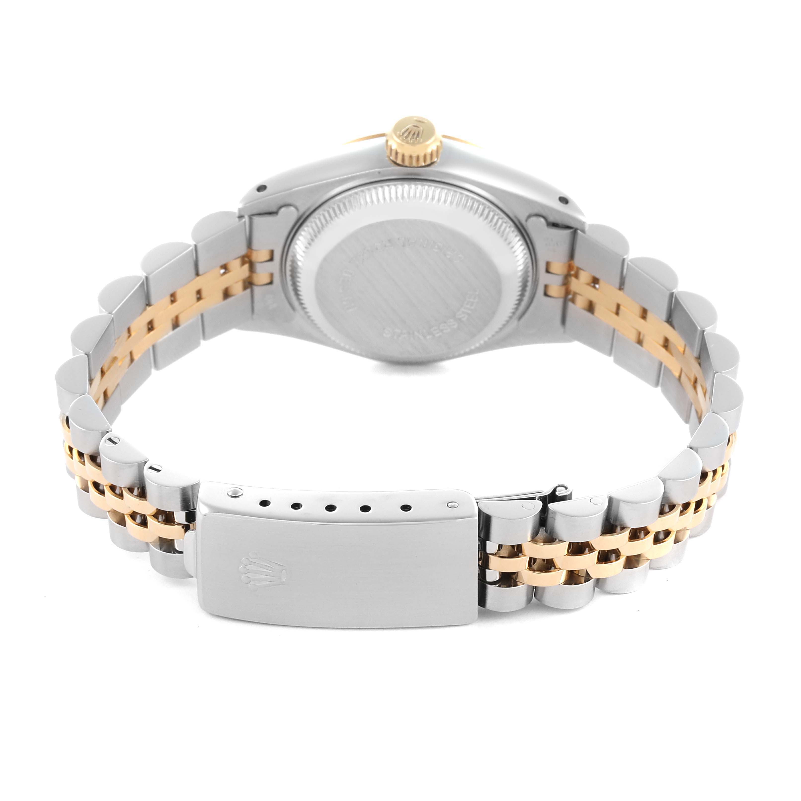 The image shows the Rolex Datejust 69173 Women's Steel and Gold (two tone) Champagne Dial 69173 Women's Steel and Gold (two tone) Champagne Dial watch from the back, highlighting the clasp, jubilee bracelet, and case back.