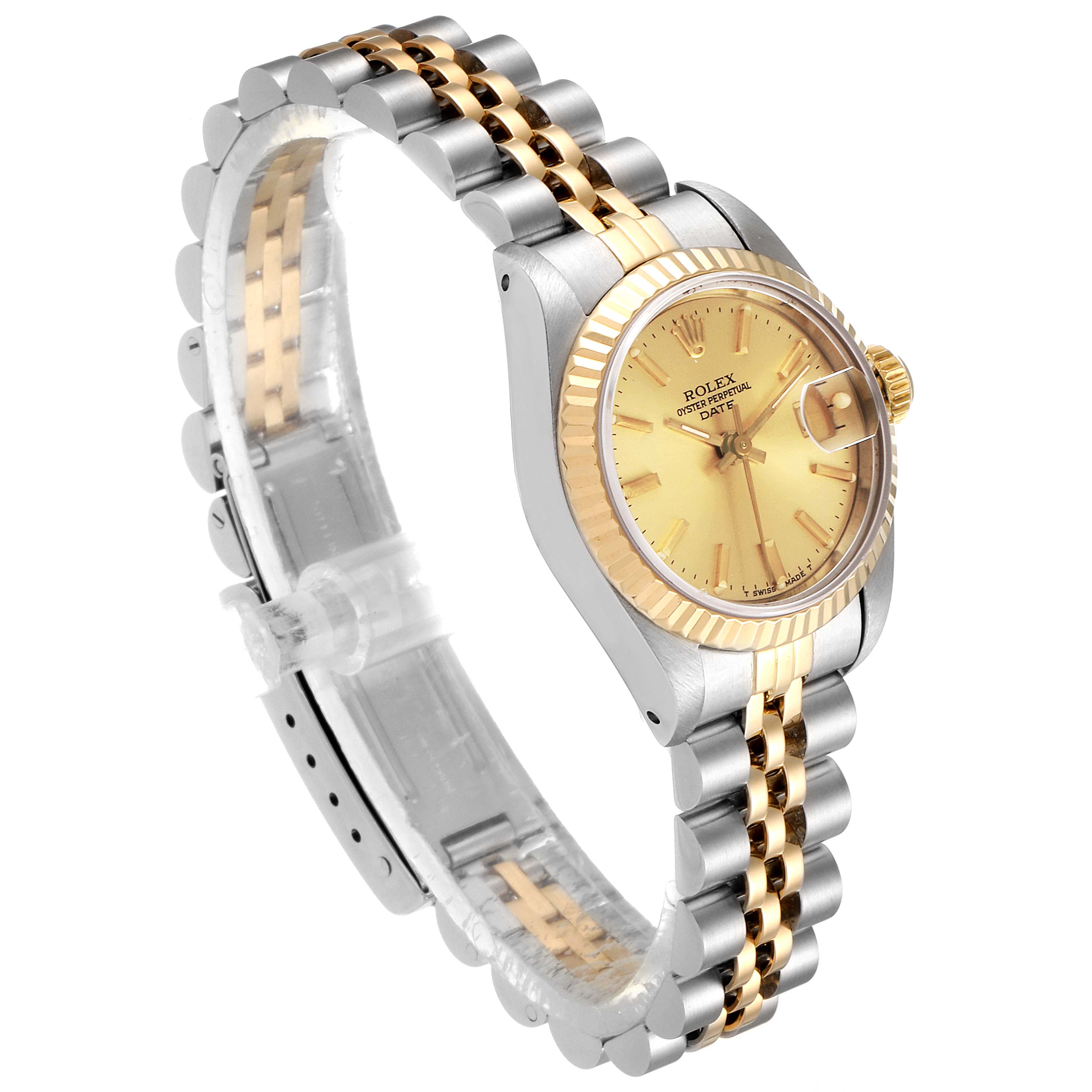 This image shows a side-angle view of a Rolex Datejust 69173 Women's Steel and Gold (two tone) Champagne Dial 69173 Women's Steel and Gold (two tone) Champagne Dial watch, featuring a gold dial, fluted bezel, and two-tone Jubilee bracelet.