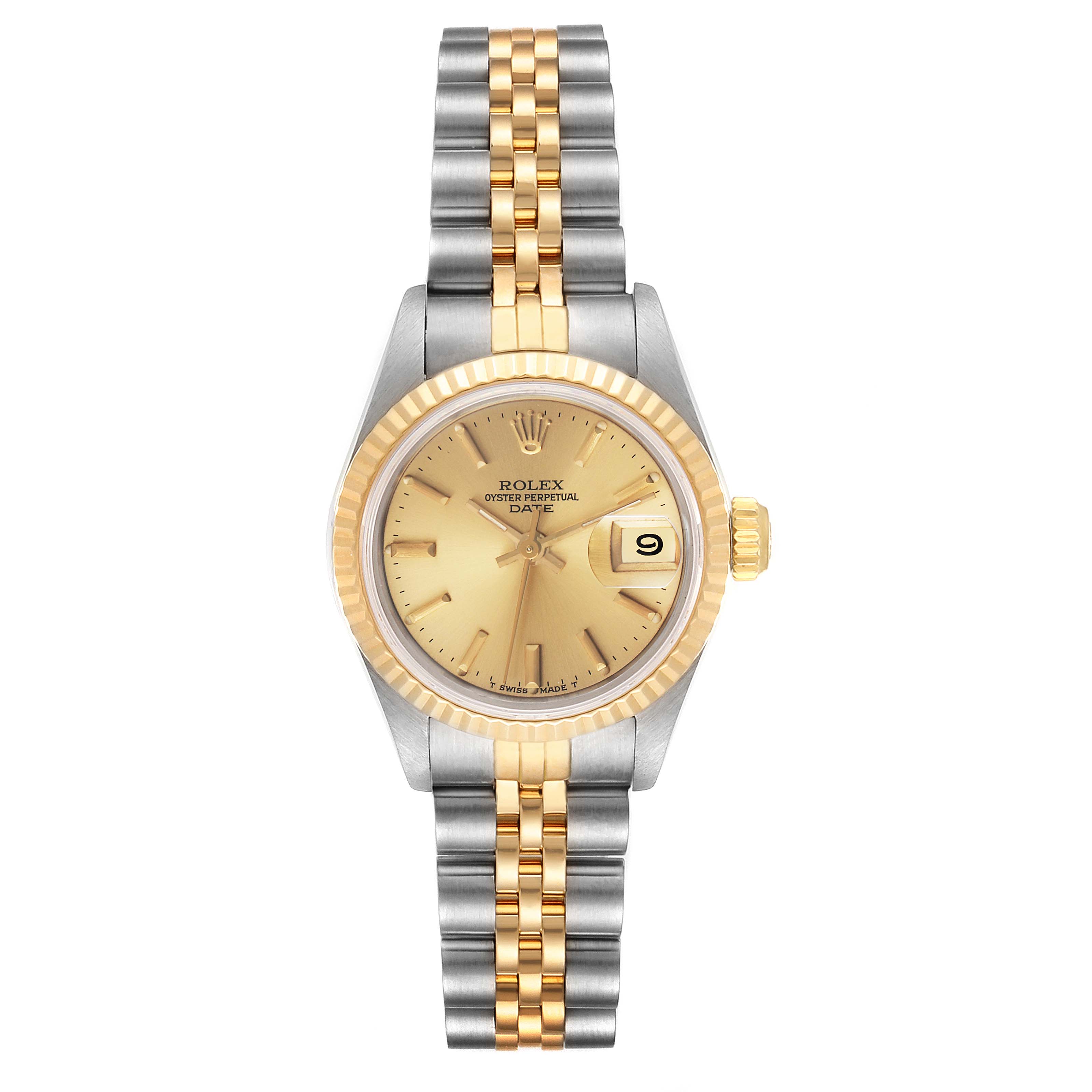 The image shows the front view of a Rolex Datejust 69173 Women's Steel and Gold (two tone) Champagne Dial 69173 Women's Steel and Gold (two tone) Champagne Dial watch, highlighting its gold bezel, dial, and two-tone bracelet.