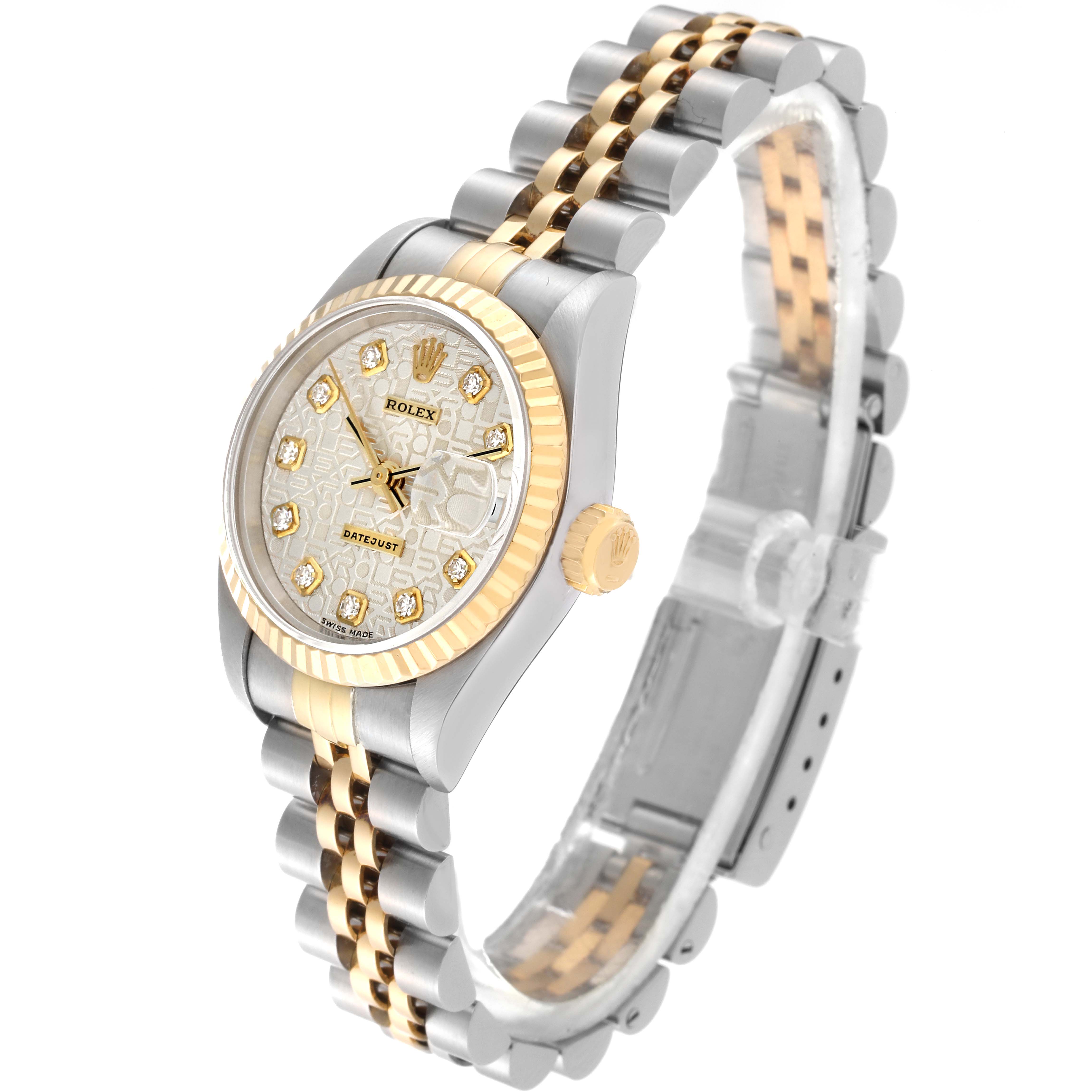 The Rolex Datejust 79173 Women's Steel and Gold (two tone) Silver Dial 79173 Women's Steel and Gold (two tone) Silver Dial watch is shown at a three-quarter angle, displaying the face, bezel, crown, and bracelet.