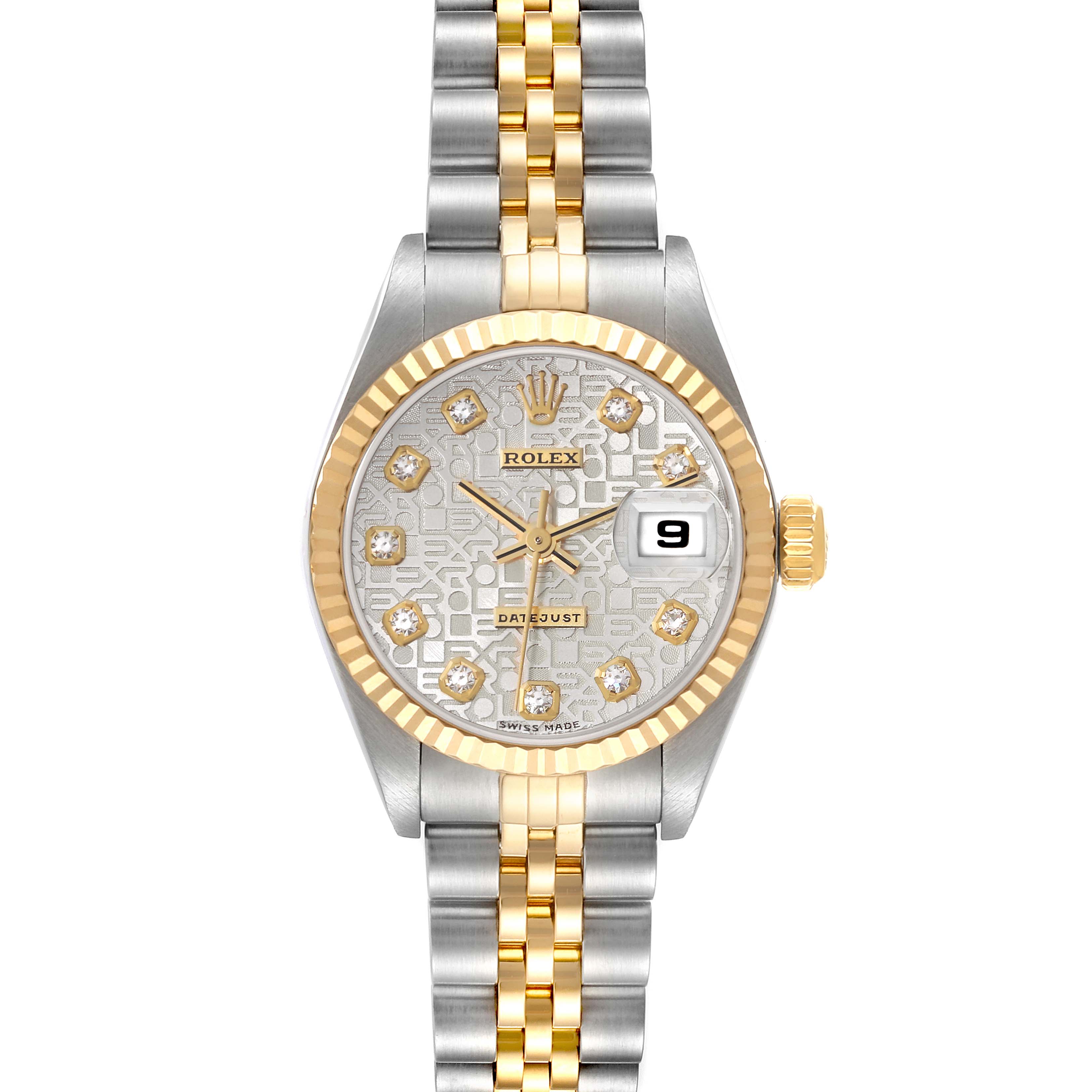The Rolex Datejust 79173 Women's Steel and Gold (two tone) Silver Dial 79173 Women's Steel and Gold (two tone) Silver Dial watch is shown from a front angle, highlighting the dial, bezel, crown, and part of the bracelet.