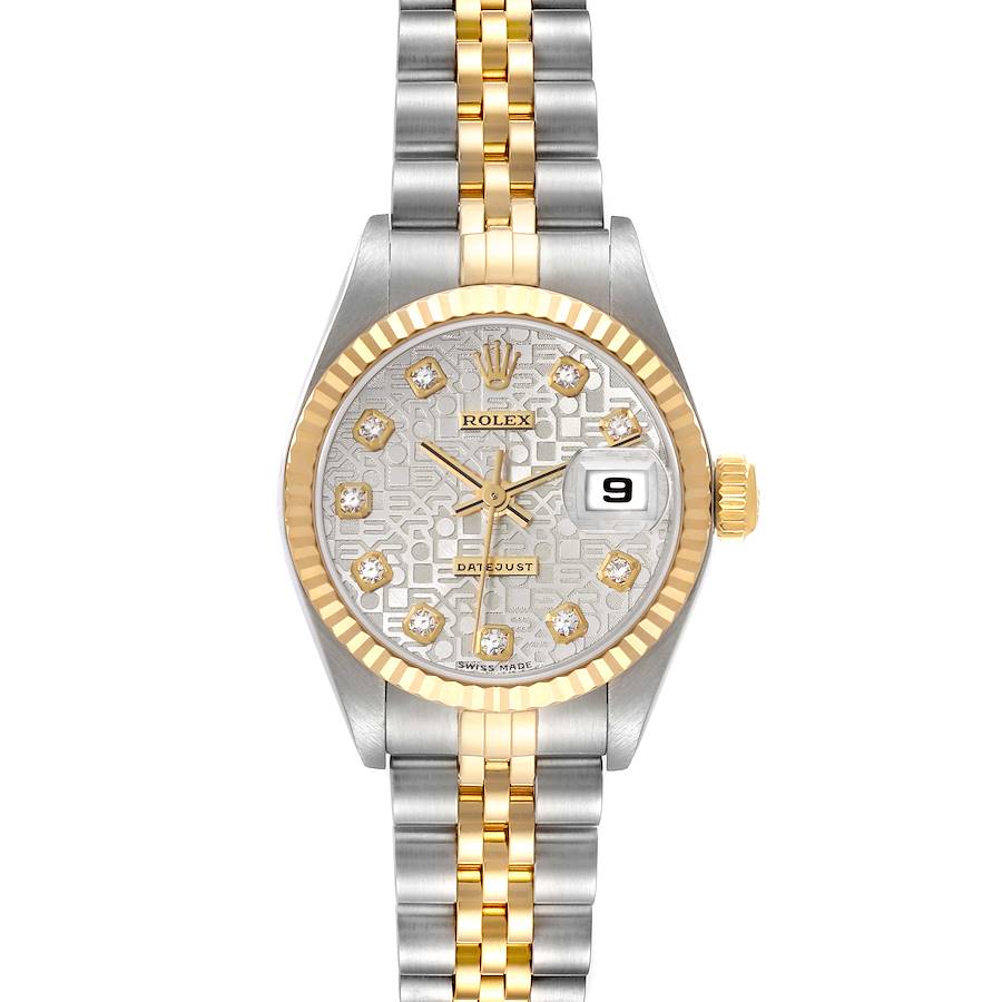 The Rolex Datejust watch is shown from a front angle, highlighting the dial, bezel, crown, and part of the bracelet.