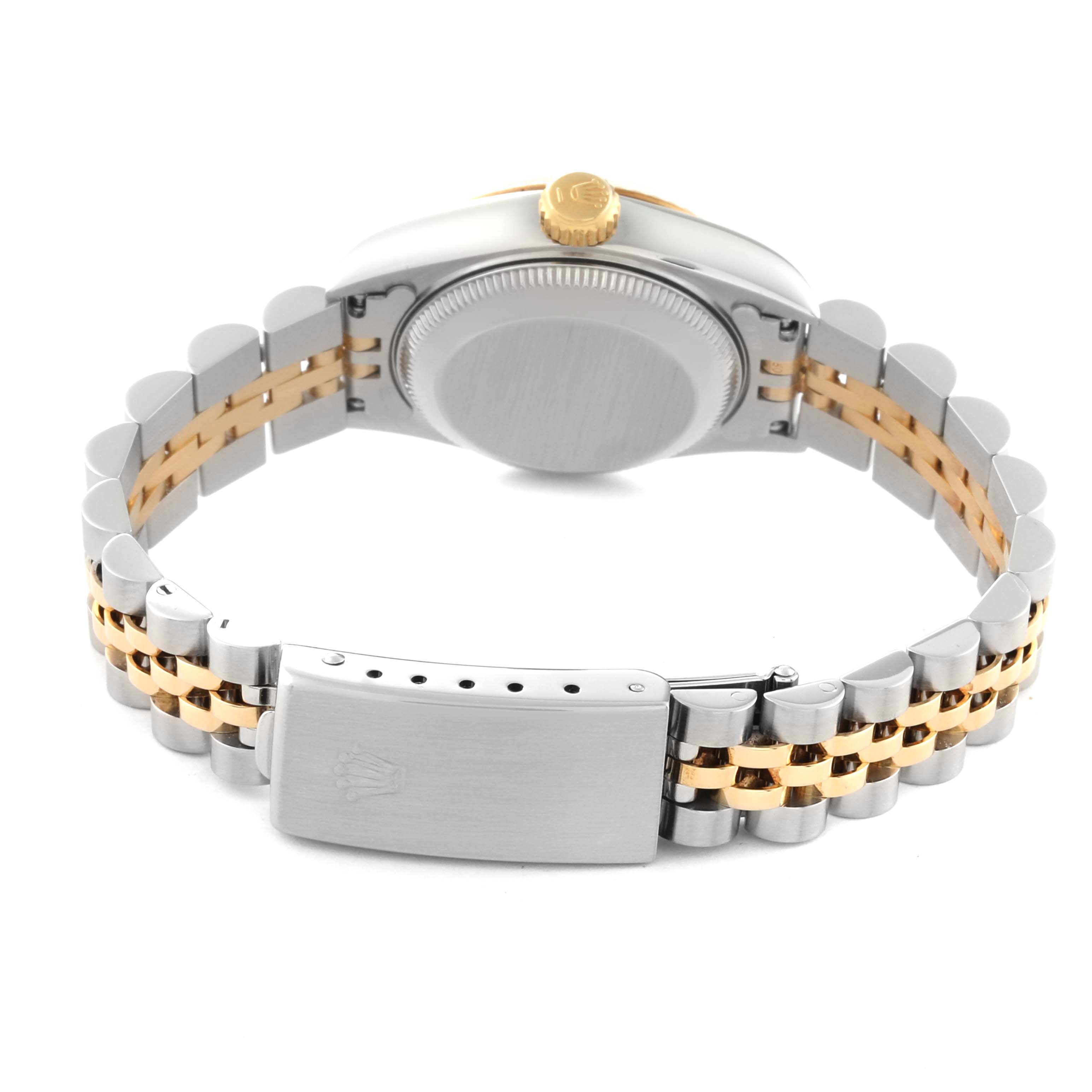 The Rolex Datejust 79173 Women's Steel and Gold (two tone) Silver Dial 79173 Women's Steel and Gold (two tone) Silver Dial watch is shown from the back, highlighting the case back, bracelet, and clasp.