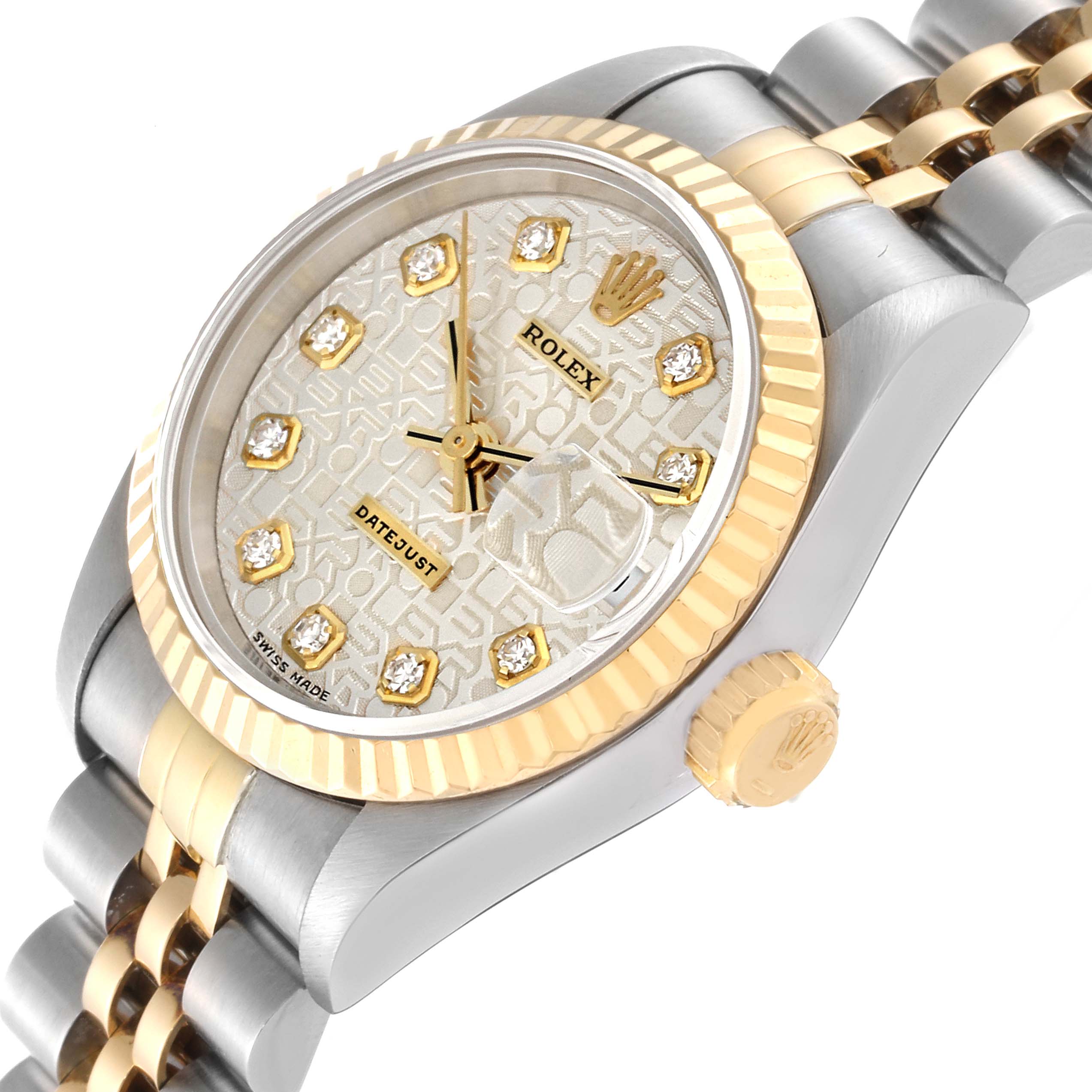 The Rolex Datejust 79173 Women's Steel and Gold (two tone) Silver Dial 79173 Women's Steel and Gold (two tone) Silver Dial watch is shown at a slight angle highlighting the dial, bezel, bracelet, and crown.