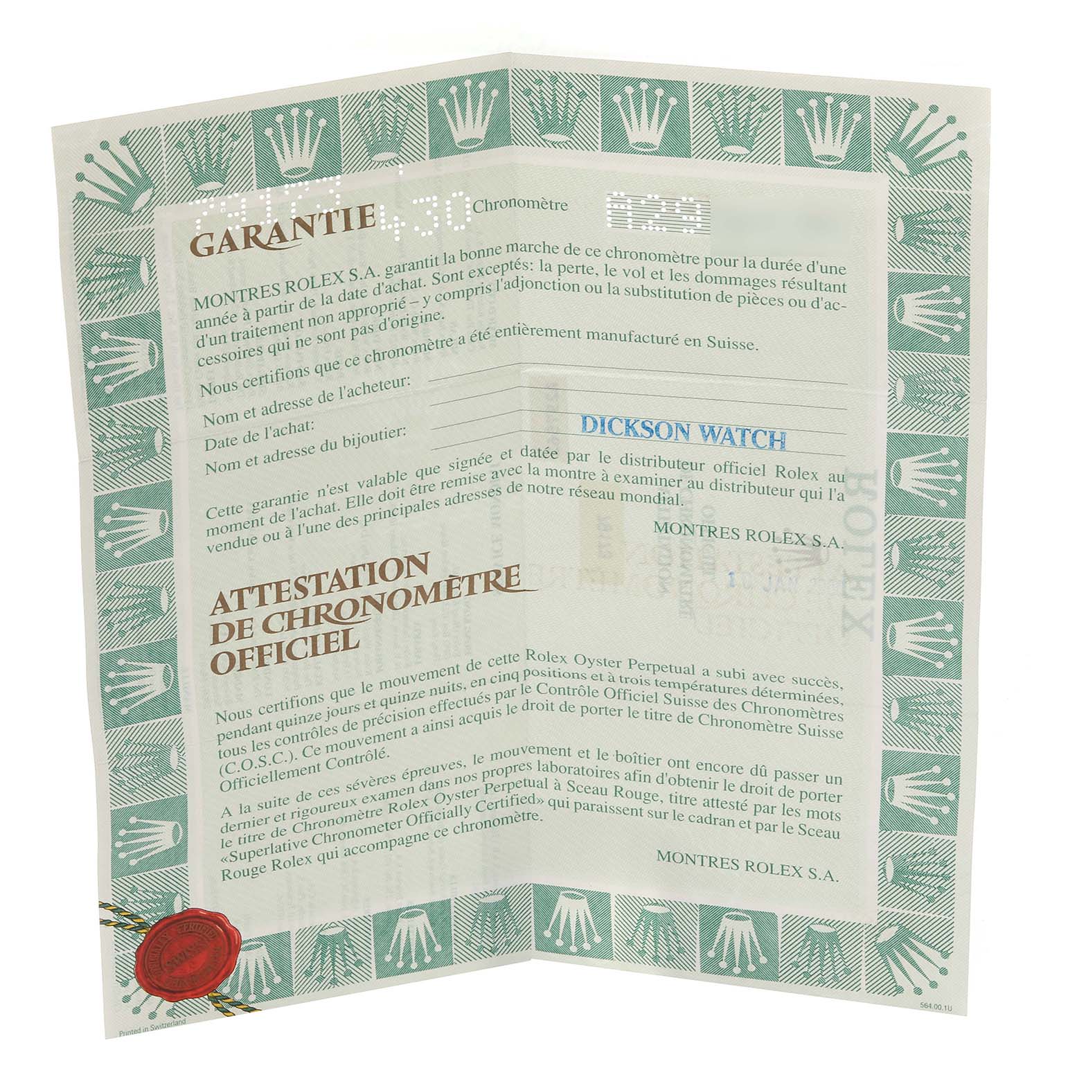 The image shows a warranty certificate for a Rolex Datejust 79173 Women's Steel and Gold (two tone) Silver Dial 79173 Women's Steel and Gold (two tone) Silver Dial, with text and a decorative border.