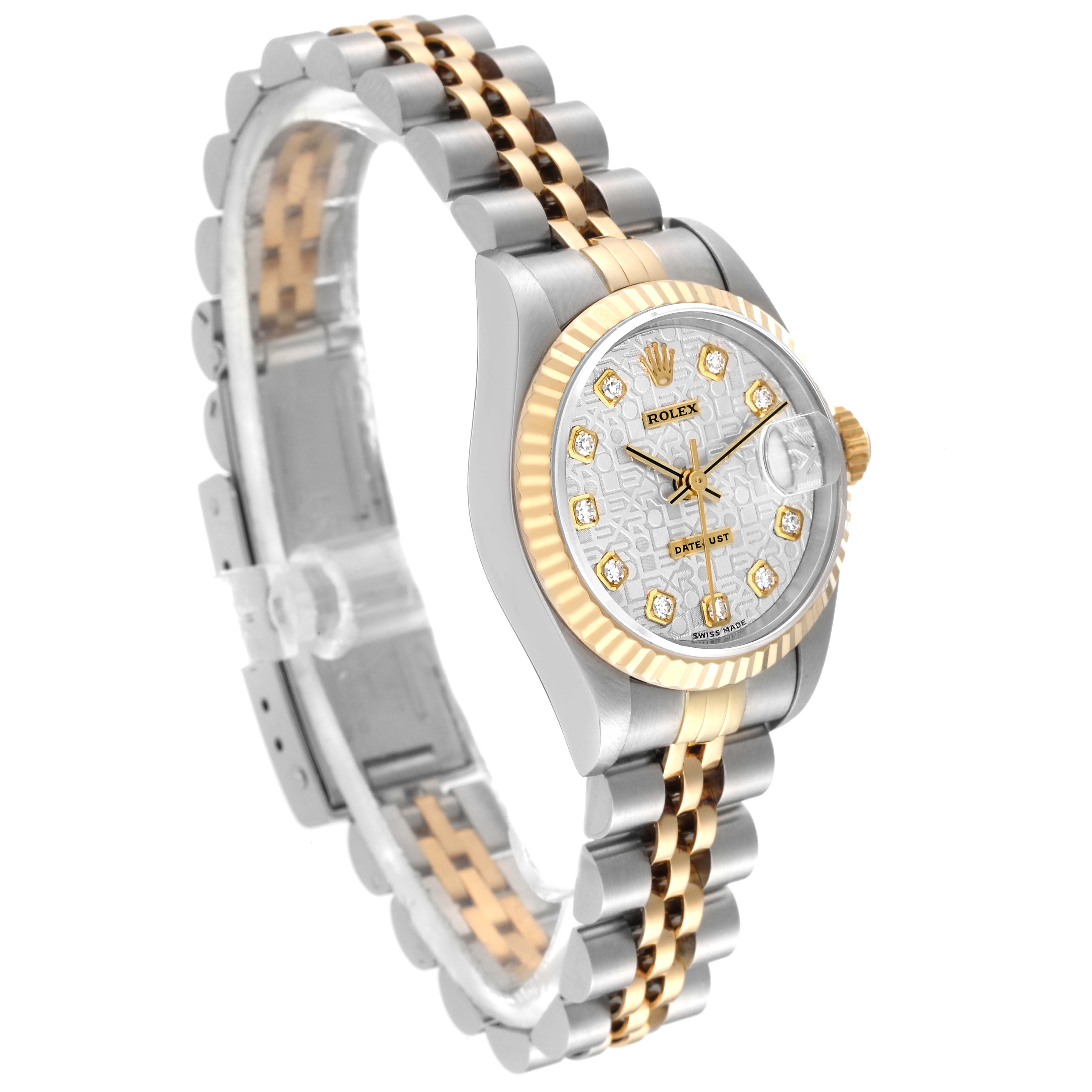 The Rolex Datejust 79173 Women's Steel and Gold (two tone) Silver Dial 79173 Women's Steel and Gold (two tone) Silver Dial watch is shown at a three-quarter angle highlighting the face, bezel, and bracelet.