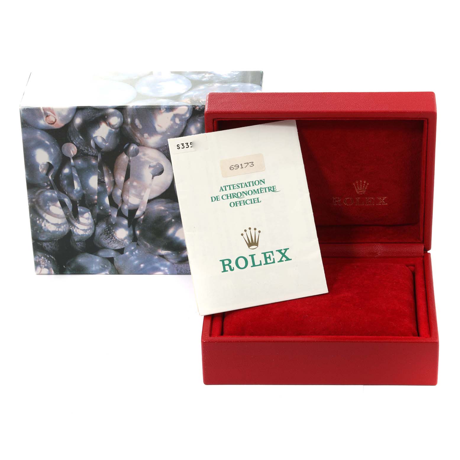 The image shows the open box and official certificate for a Rolex Datejust 79173 Women's Steel and Gold (two tone) Silver Dial 79173 Women's Steel and Gold (two tone) Silver Dial watch, viewed from the front.