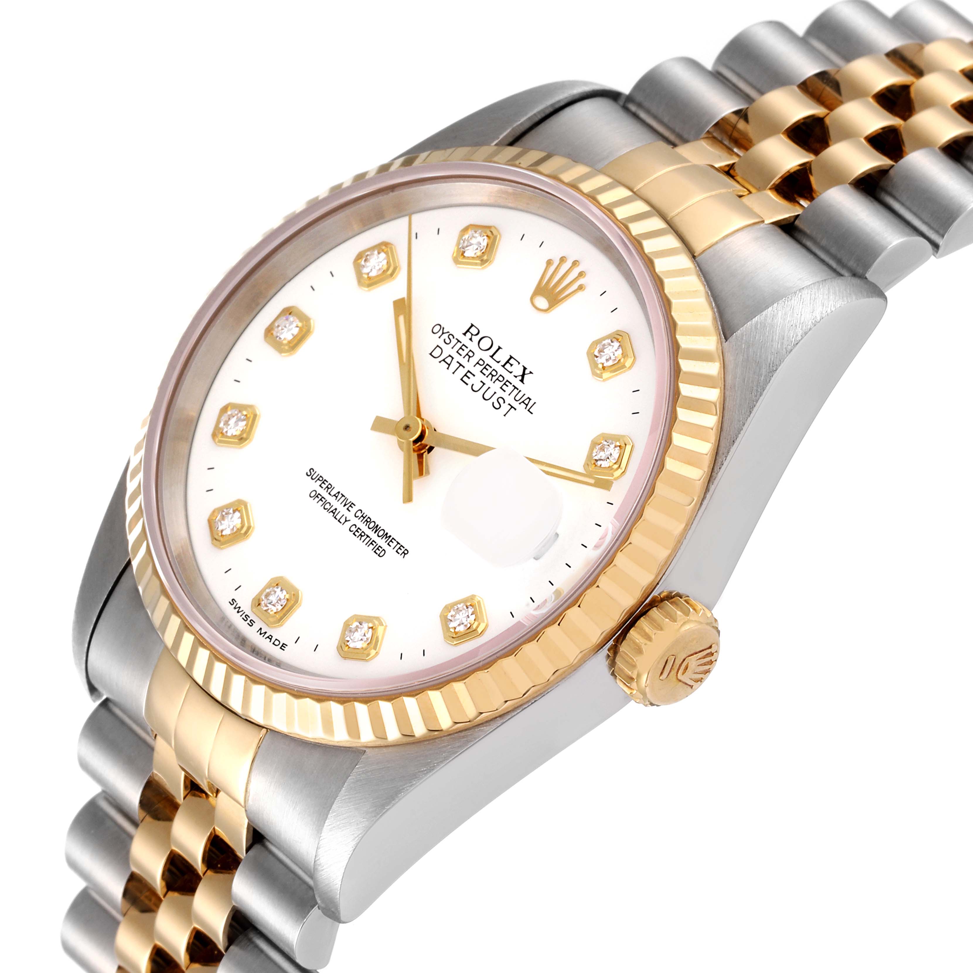 The image shows a Rolex Datejust 16233 Men's Steel and Gold (two tone) White Dial 16233 Men's Steel and Gold (two tone) White Dial watch viewed from a side-angle, highlighting the dial, crown, and Jubilee bracelet.