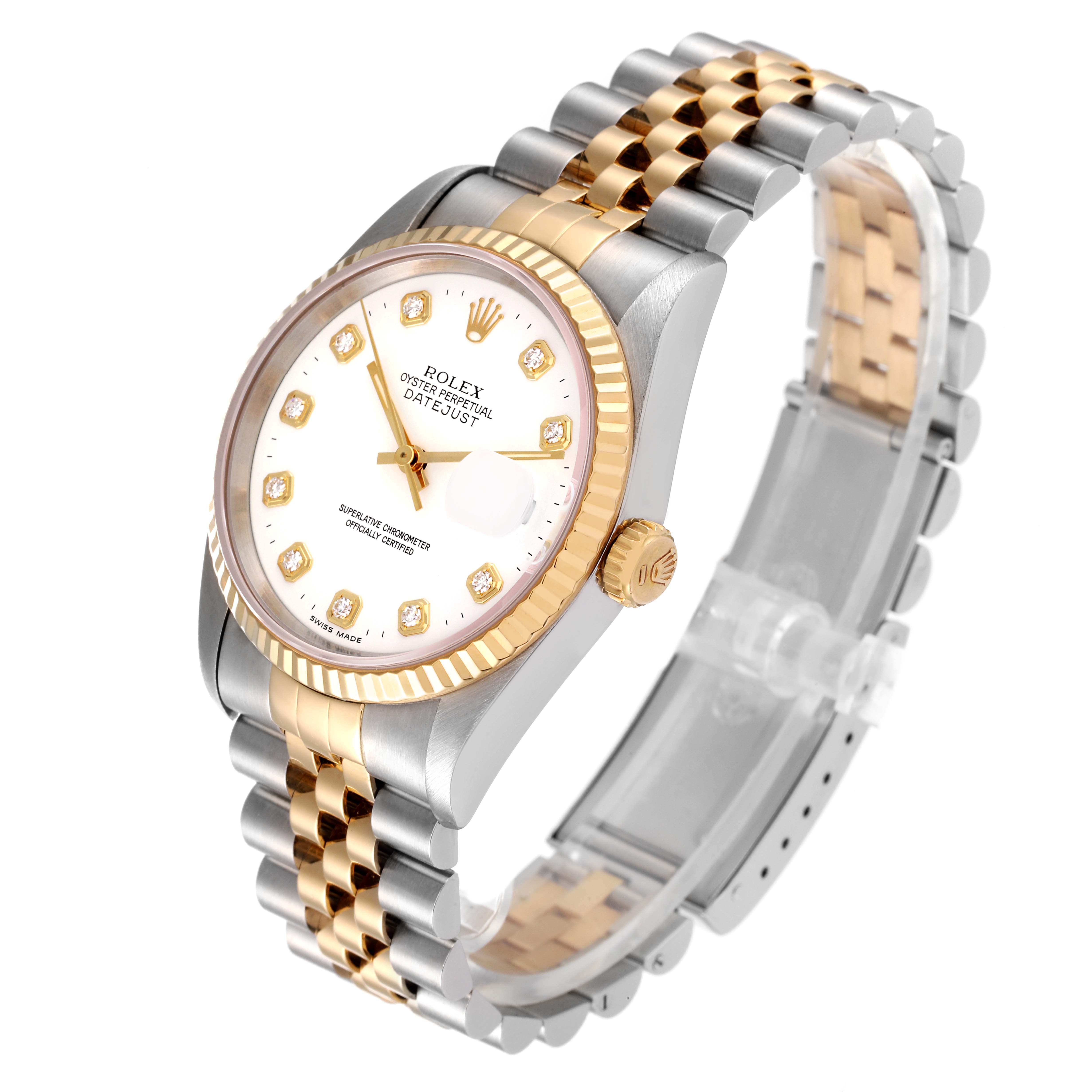 The image shows a Rolex Datejust 16233 Men's Steel and Gold (two tone) White Dial 16233 Men's Steel and Gold (two tone) White Dial model, featuring its dial, bezel, and bracelet, at a three-quarter angle.