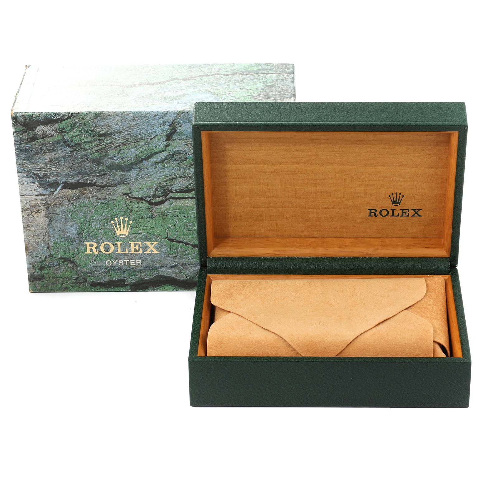 This image shows an open Rolex Datejust 16233 Men's Steel and Gold (two tone) White Dial 16233 Men's Steel and Gold (two tone) White Dial watch box with an outer box in the background.