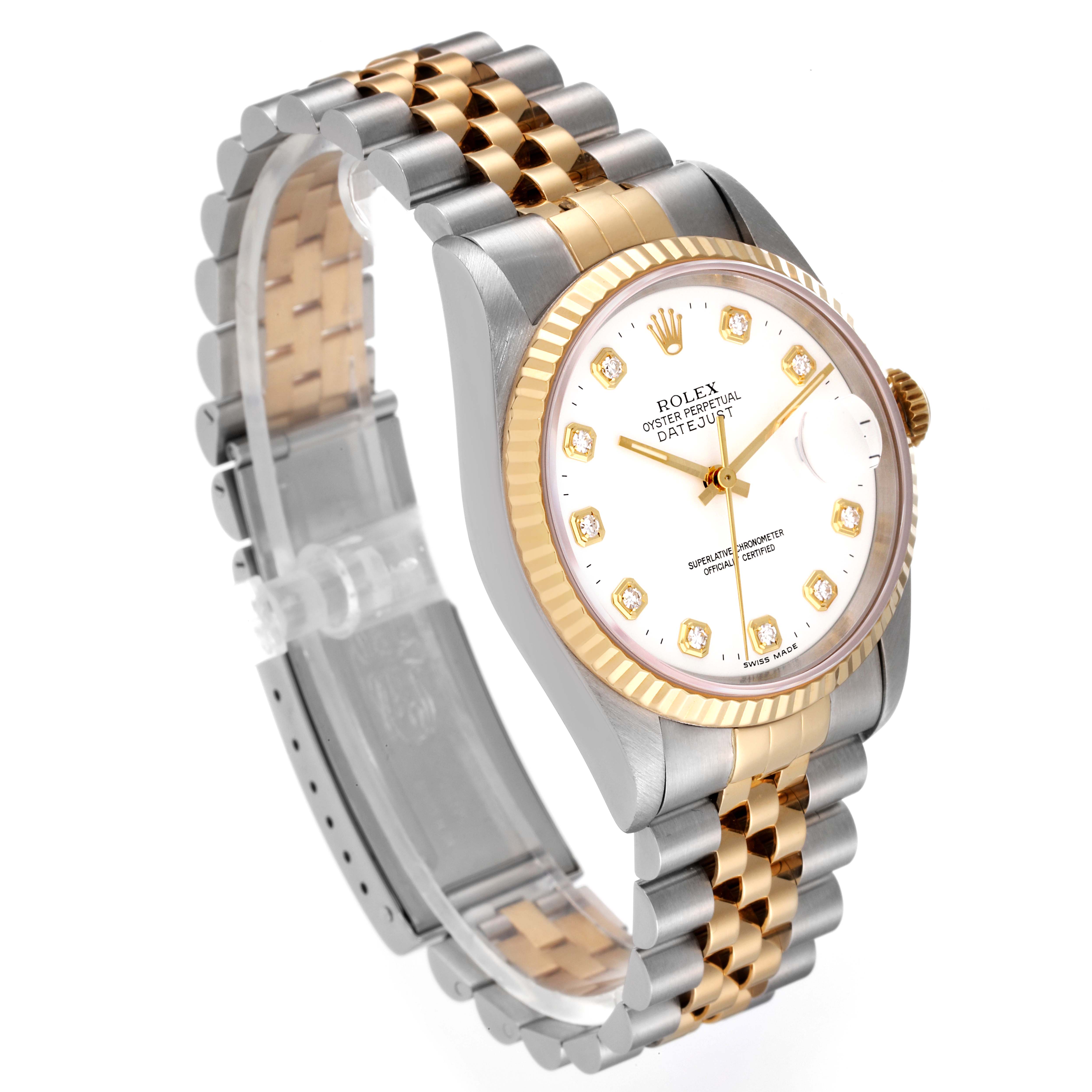 This Rolex Datejust 16233 Men's Steel and Gold (two tone) White Dial 16233 Men's Steel and Gold (two tone) White Dial watch is shown at an angle revealing the dial, bezel, and two-tone Jubilee bracelet.