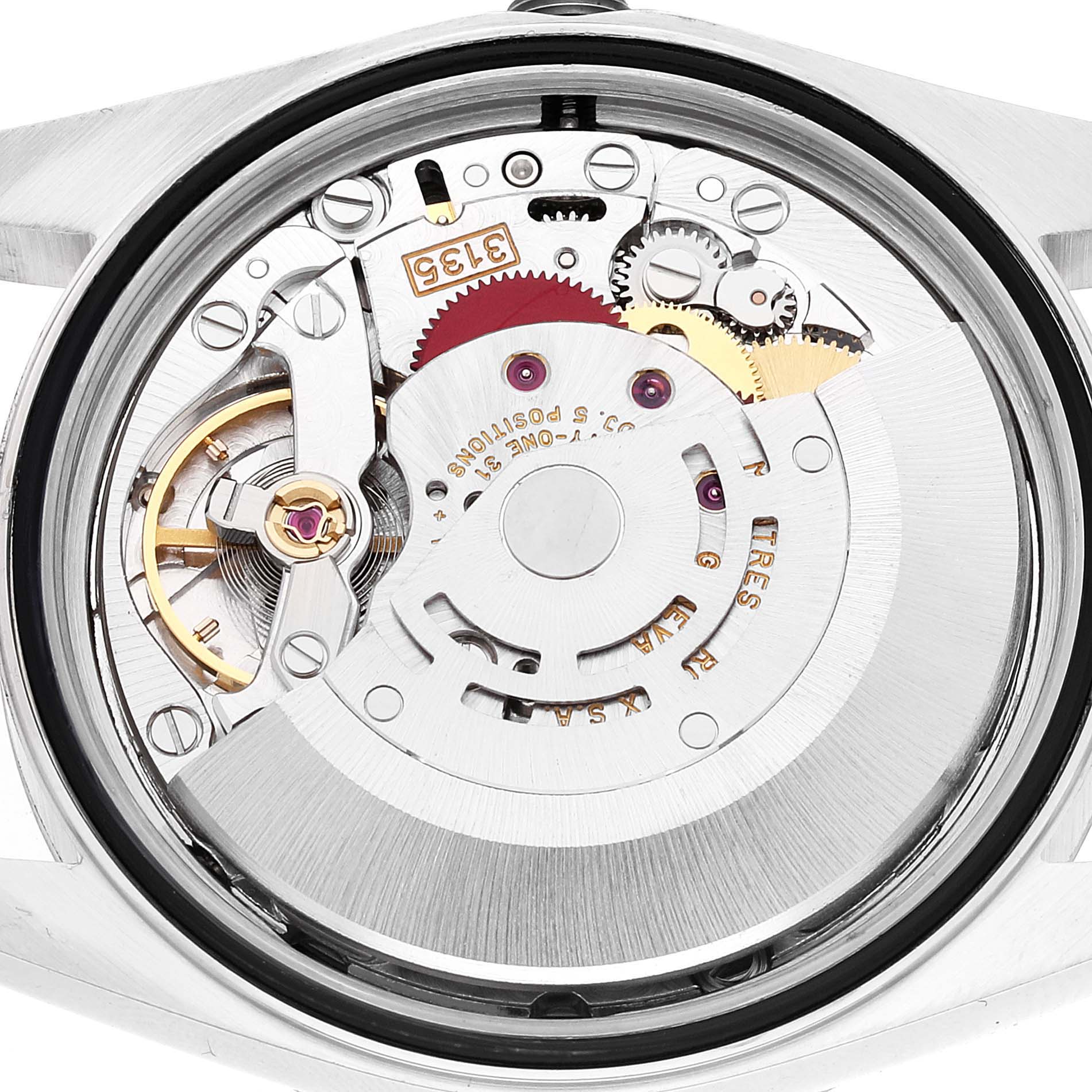 This image shows a close-up of the movement mechanism from the back of a Rolex Datejust 16233 Men's Steel and Gold (two tone) White Dial 16233 Men's Steel and Gold (two tone) White Dial watch.