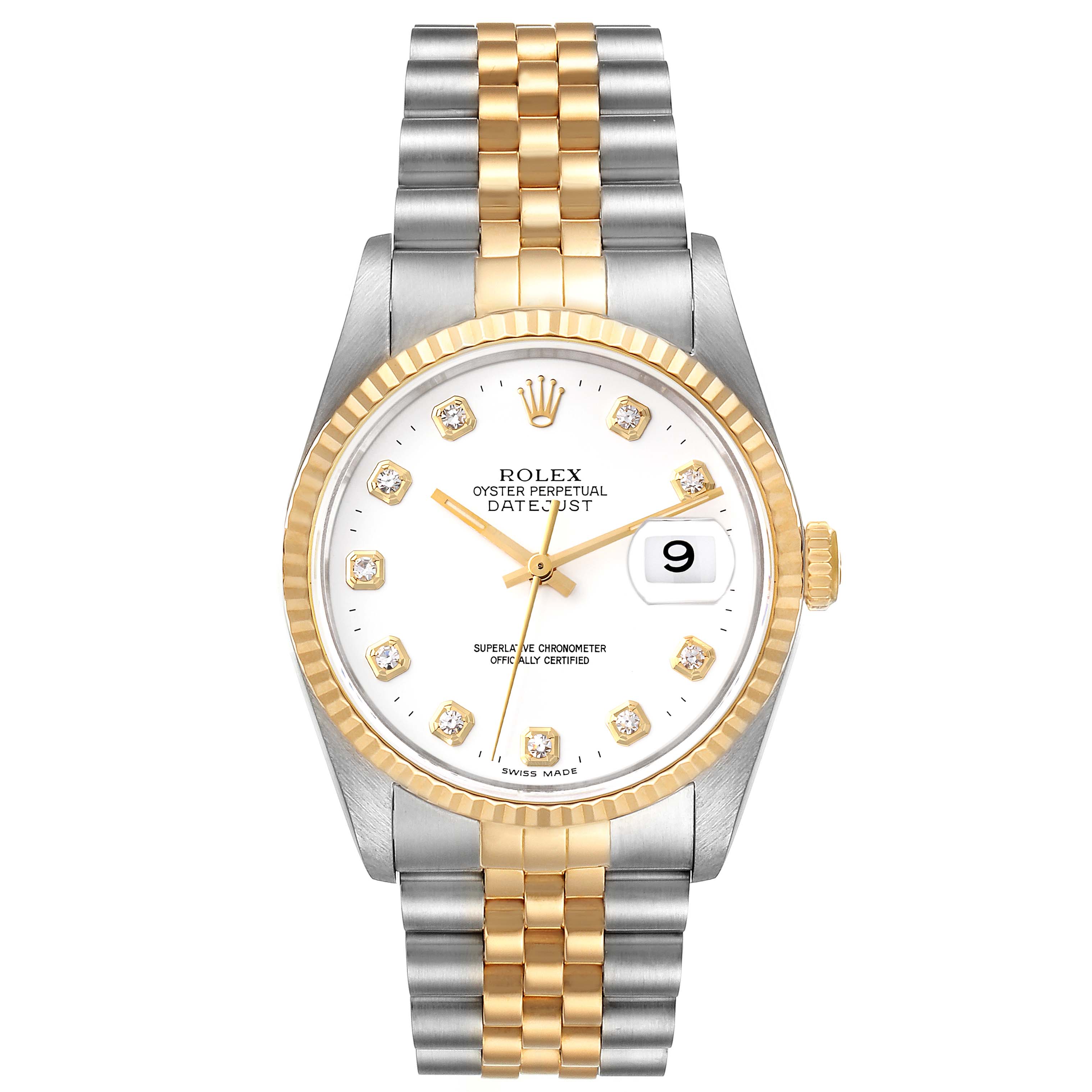 The image shows a front view of a Rolex Datejust 16233 Men's Steel and Gold (two tone) White Dial 16233 Men's Steel and Gold (two tone) White Dial watch, highlighting the face, bezel, bracelet, and crown.
