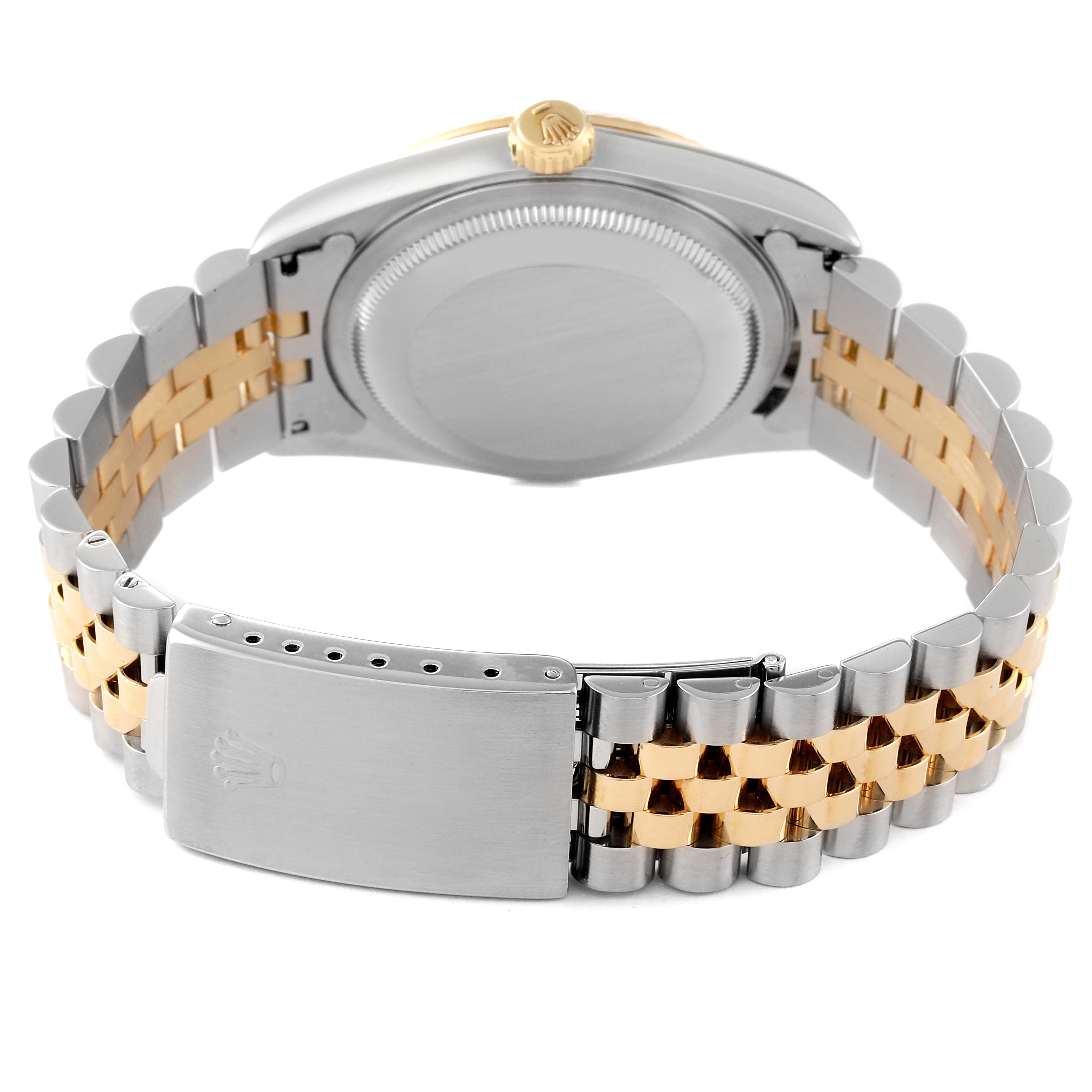 This image shows the back view of the Rolex Datejust 16233 Men's Steel and Gold (two tone) White Dial 16233 Men's Steel and Gold (two tone) White Dial model, focusing on the case back, crown, and two-tone bracelet with clasp.