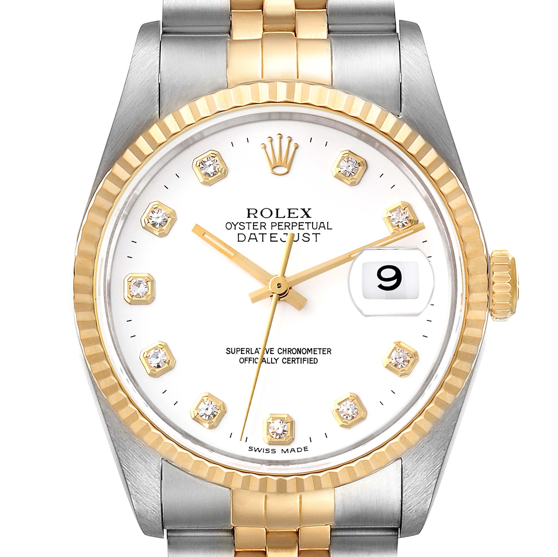 This image shows a close-up frontal view of the Rolex Datejust 16233 Men's Steel and Gold (two tone) White Dial 16233 Men's Steel and Gold (two tone) White Dial watch, highlighting its dial, hands, and bezel.