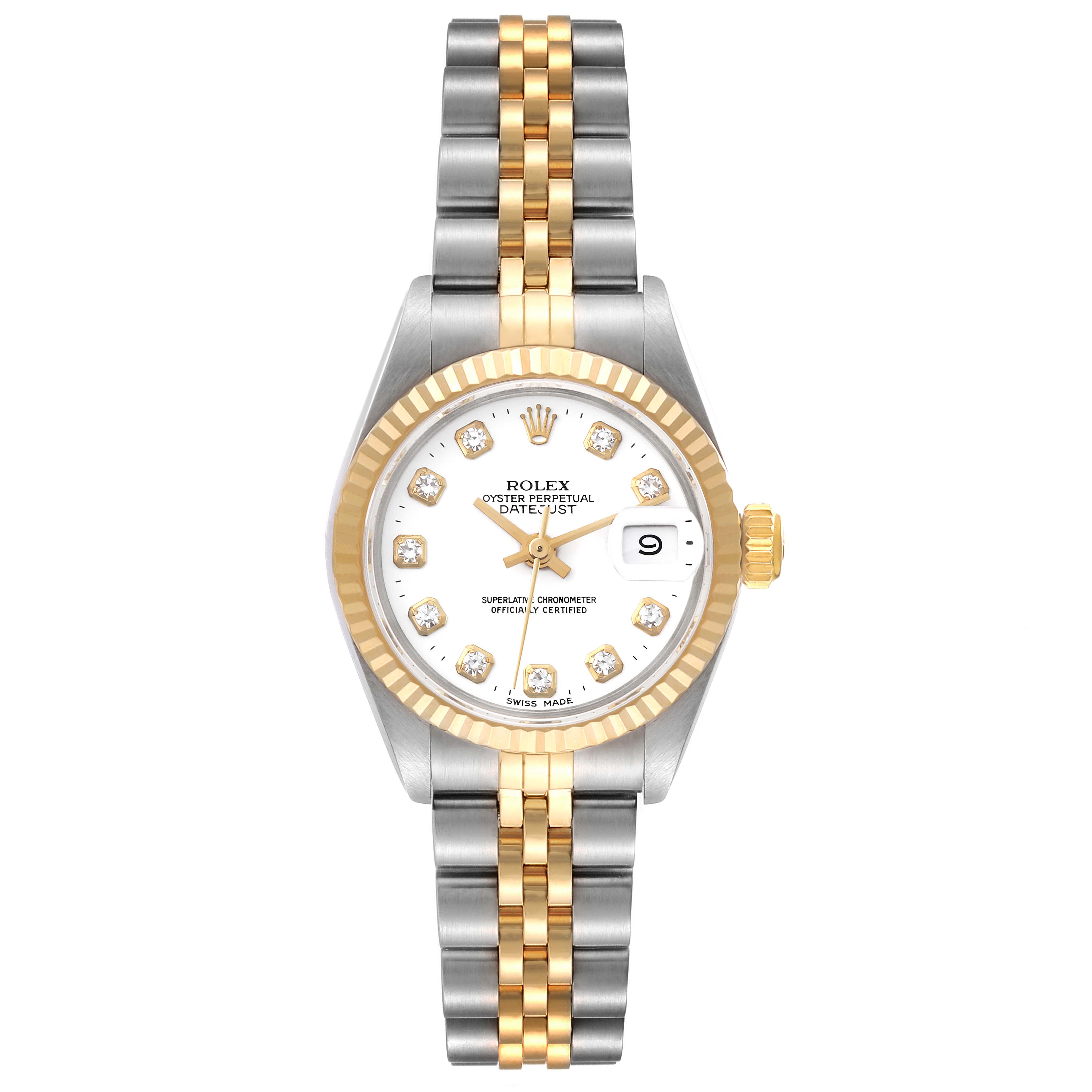 This is a front-facing image of a Rolex Datejust 69173 Women's Steel and Gold (two tone) White Dial 69173 Women's Steel and Gold (two tone) White Dial watch, showcasing its two-tone bracelet, fluted bezel, and date display.