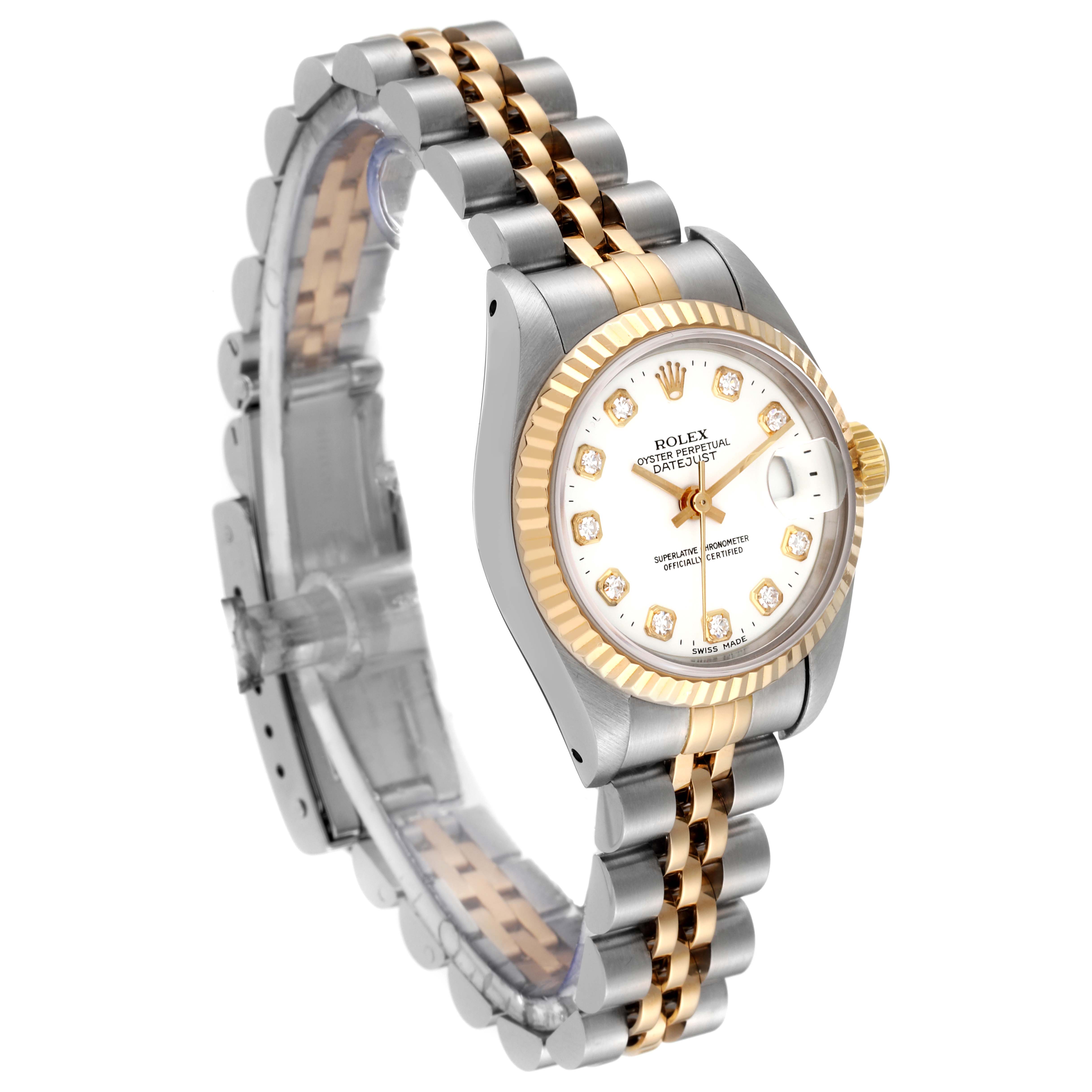 The image shows a Rolex Datejust 69173 Women's Steel and Gold (two tone) White Dial 69173 Women's Steel and Gold (two tone) White Dial watch at a slight angle, showcasing its gold and silver bracelet, bezel, and white diamond dial.