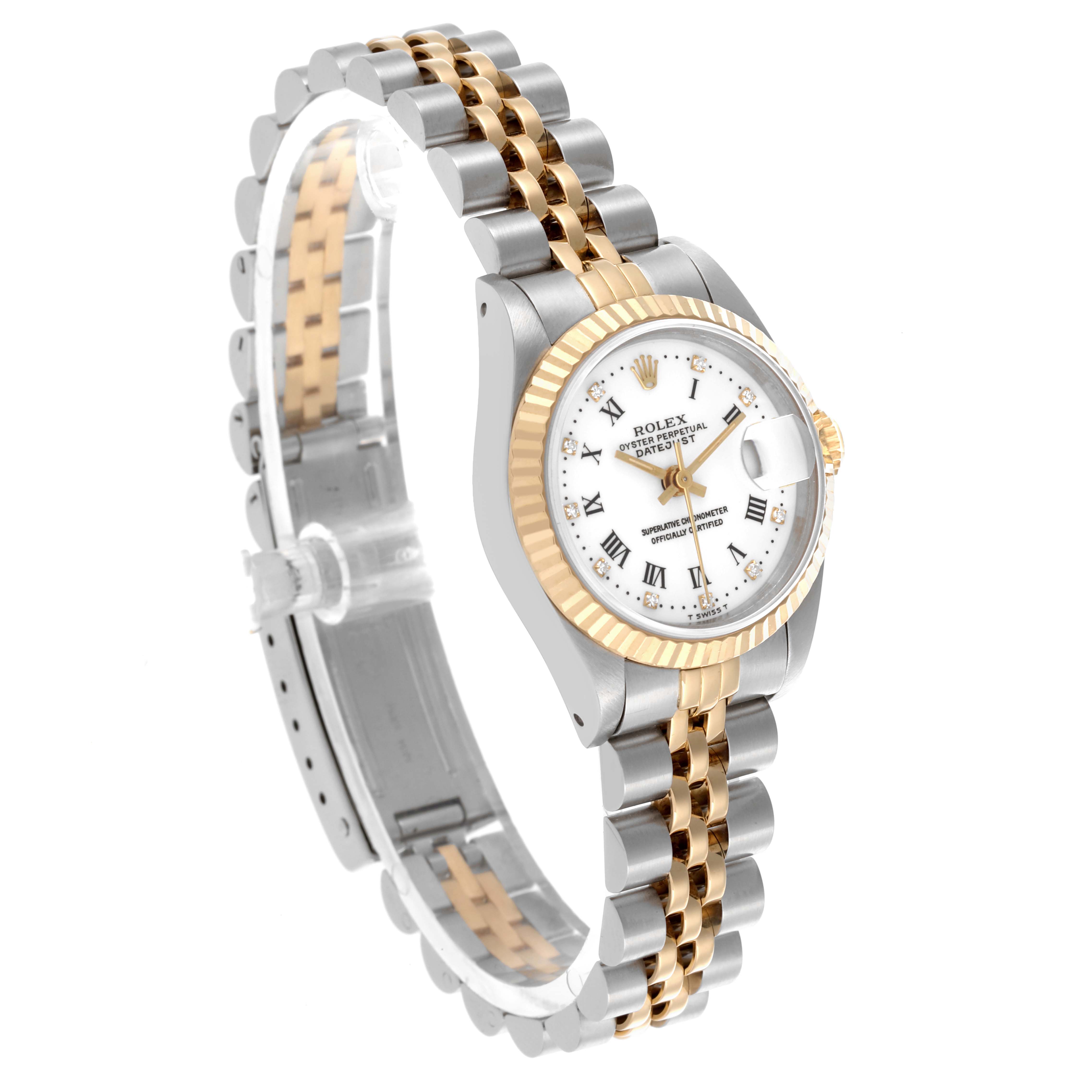 The Rolex Datejust 69173 Women's Steel and Gold (two tone) White Dial 69173 Women's Steel and Gold (two tone) White Dial watch is shown at an angled view, highlighting the two-tone bracelet, dial, bezel, and crown.