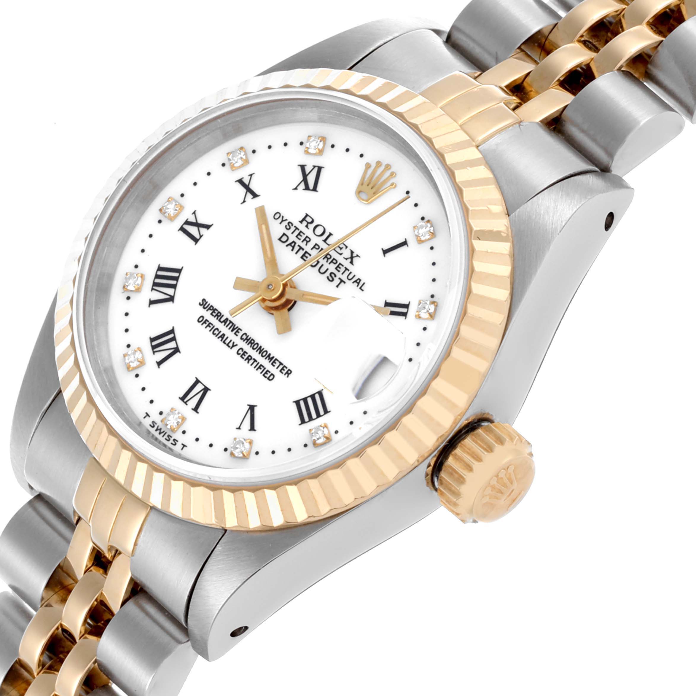 The Rolex Datejust 69173 Women's Steel and Gold (two tone) White Dial 69173 Women's Steel and Gold (two tone) White Dial watch is shown from a side angle highlighting the dial, bezel, crown, and part of the bracelet.
