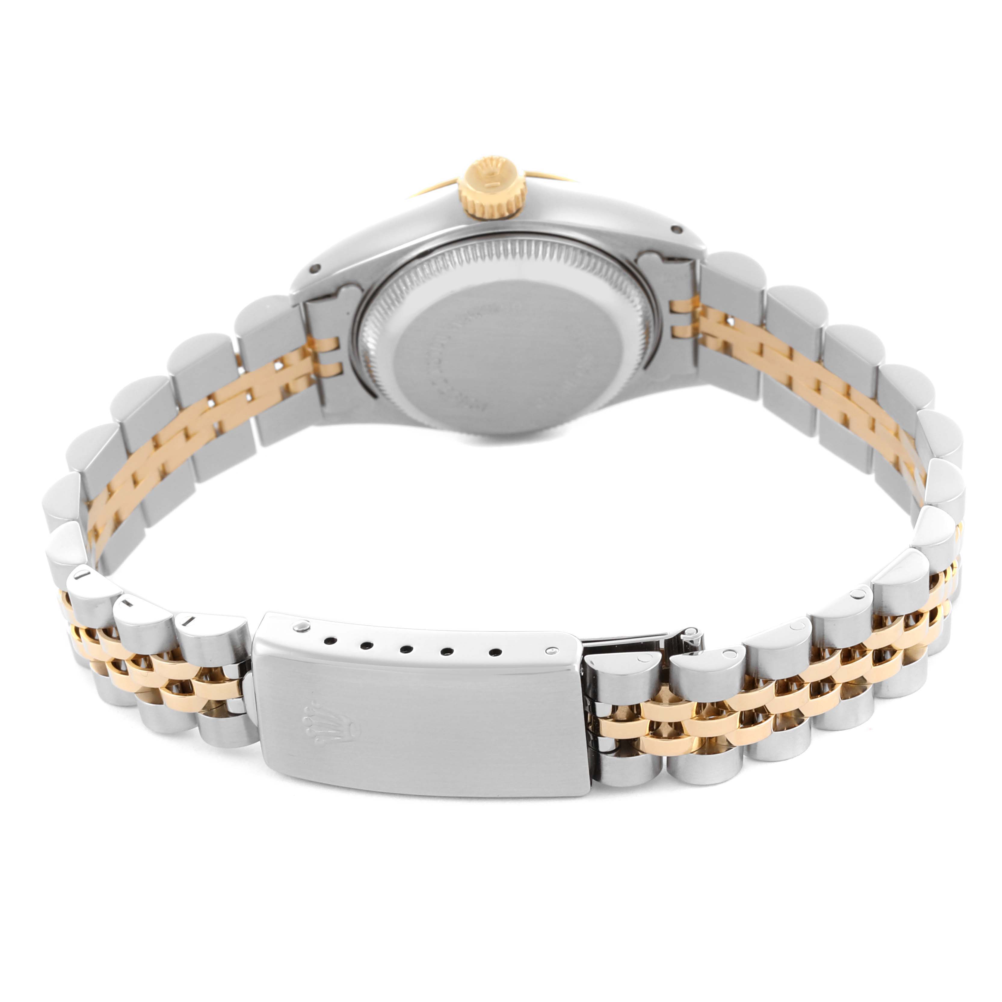 The image shows the back and bracelet of a Rolex Datejust 69173 Women's Steel and Gold (two tone) White Dial 69173 Women's Steel and Gold (two tone) White Dial, featuring a two-tone design and clasp.
