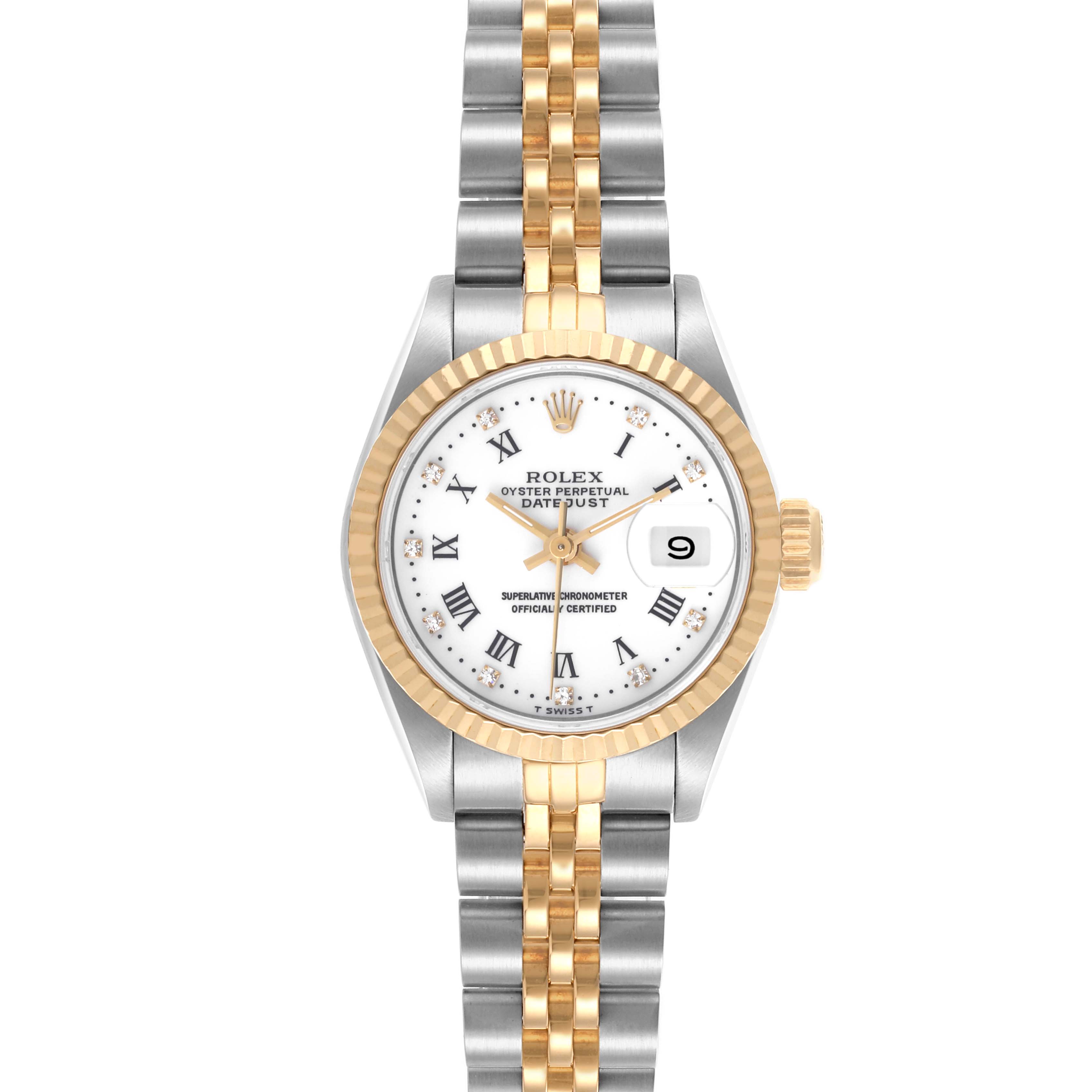 The Rolex Datejust 69173 Women's Steel and Gold (two tone) White Dial 69173 Women's Steel and Gold (two tone) White Dial watch is shown from the front, featuring its face, bezel, and bracelet.