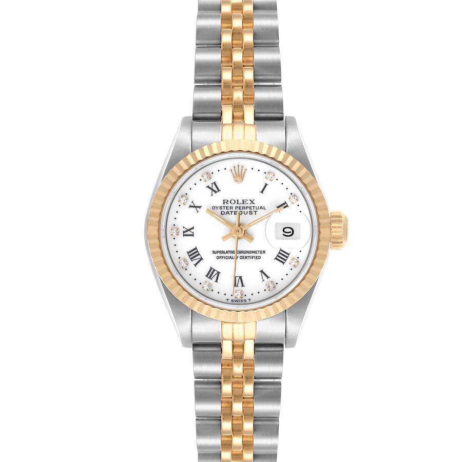 The Rolex Datejust watch is shown from the front, featuring its face, bezel, and bracelet.