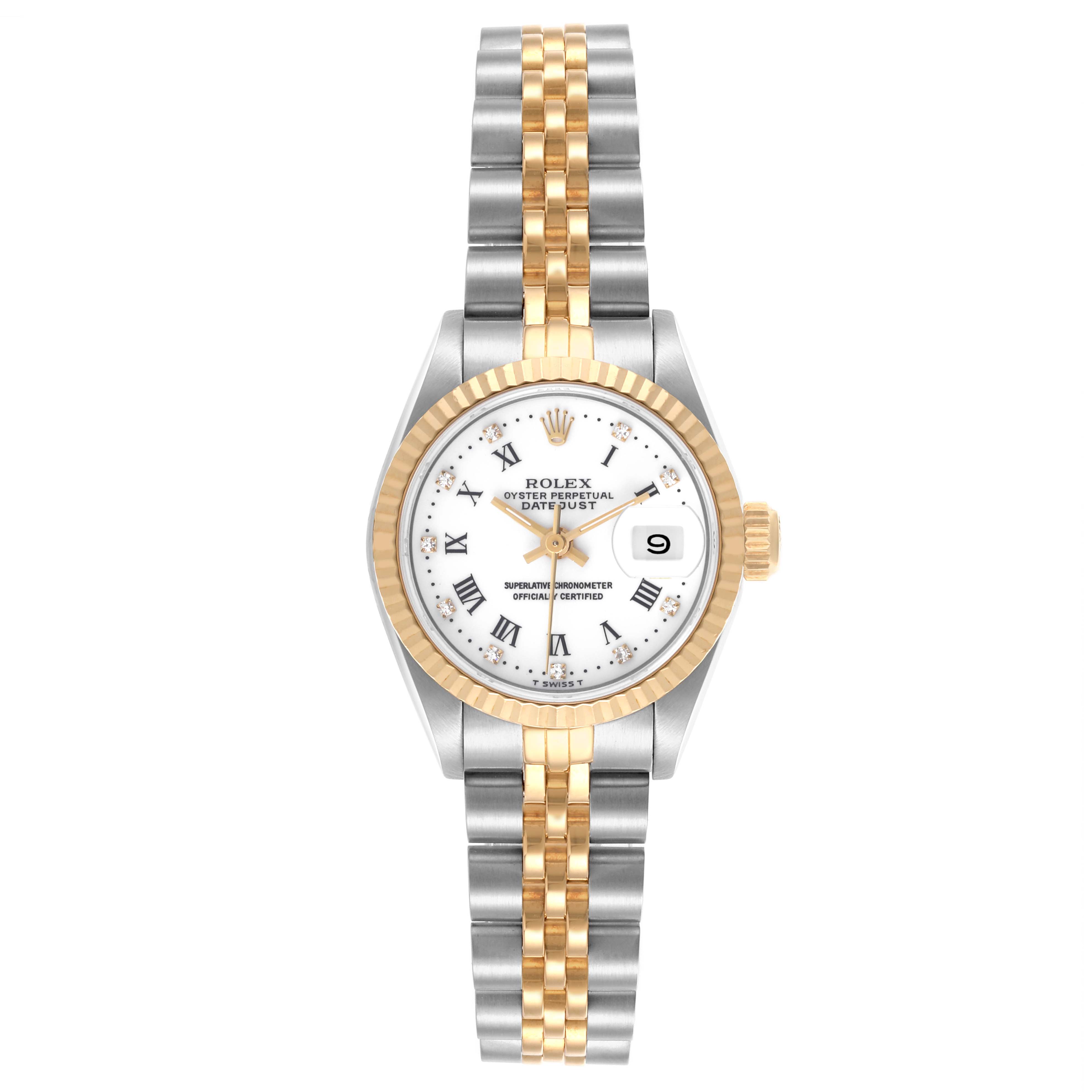 The Rolex Datejust 69173 Women's Steel and Gold (two tone) White Dial 69173 Women's Steel and Gold (two tone) White Dial watch is shown from a front view, displaying the dial, bezel, and two-tone bracelet.