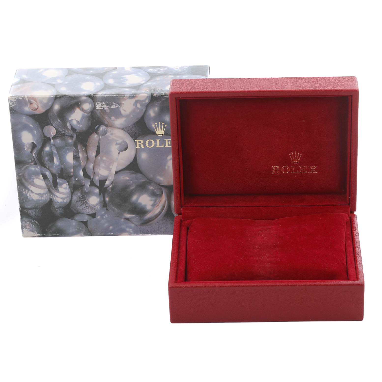 The image shows a Rolex Datejust 69173 Women's Steel and Gold (two tone) White Dial 69173 Women's Steel and Gold (two tone) White Dial watch box, opened, along with its outer packaging.