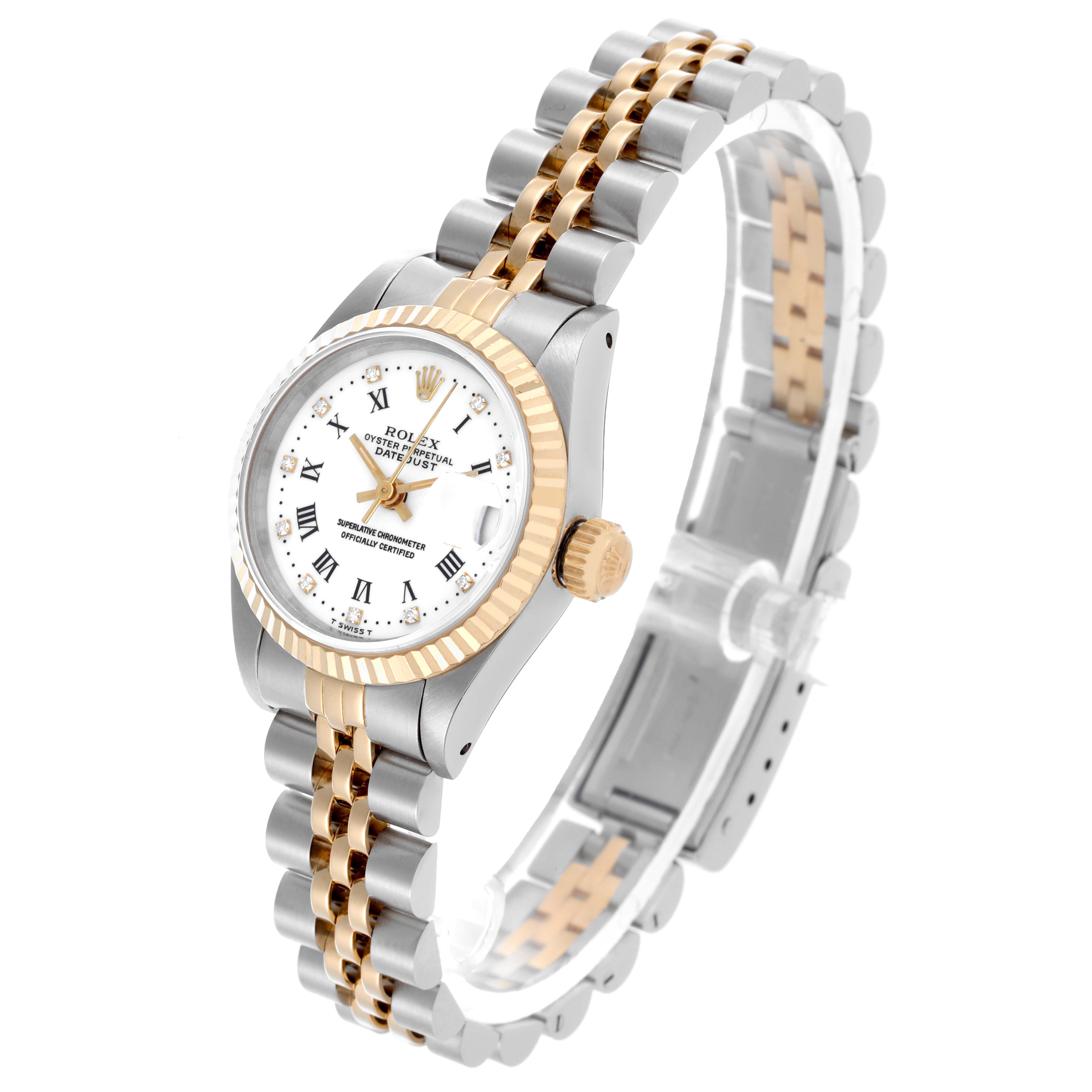 The Rolex Datejust 69173 Women's Steel and Gold (two tone) White Dial 69173 Women's Steel and Gold (two tone) White Dial watch is shown from a three-quarter angle, highlighting the dial, bezel, crown, and bracelet.