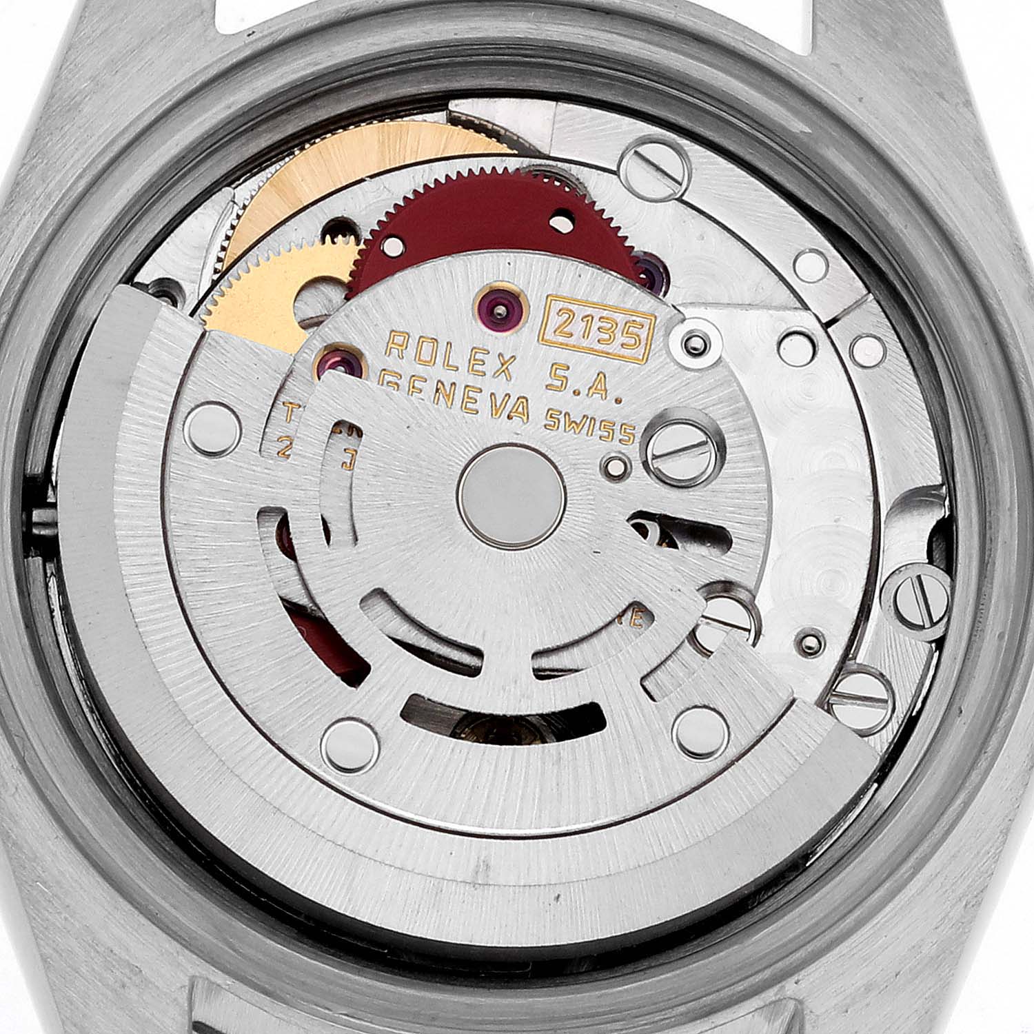 The image shows the movement and internal mechanism of a Rolex Datejust 69173 Women's Steel and Gold (two tone) White Dial 69173 Women's Steel and Gold (two tone) White Dial watch from the back.