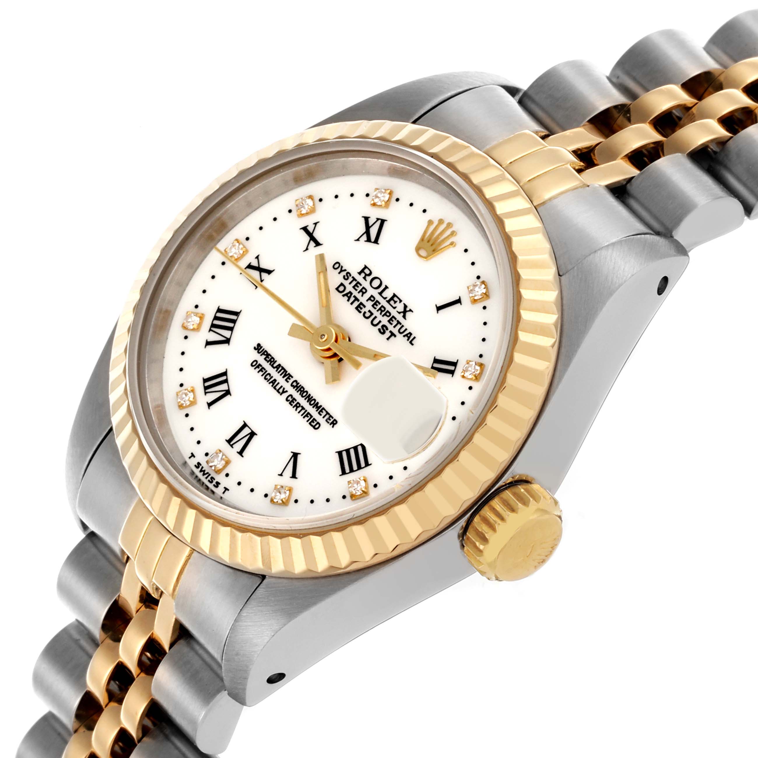 The Rolex Datejust 69173 Women's Steel and Gold (two tone) White Dial 69173 Women's Steel and Gold (two tone) White Dial watch is shown at an angle highlighting the dial, bezel, crown, and part of the bracelet.