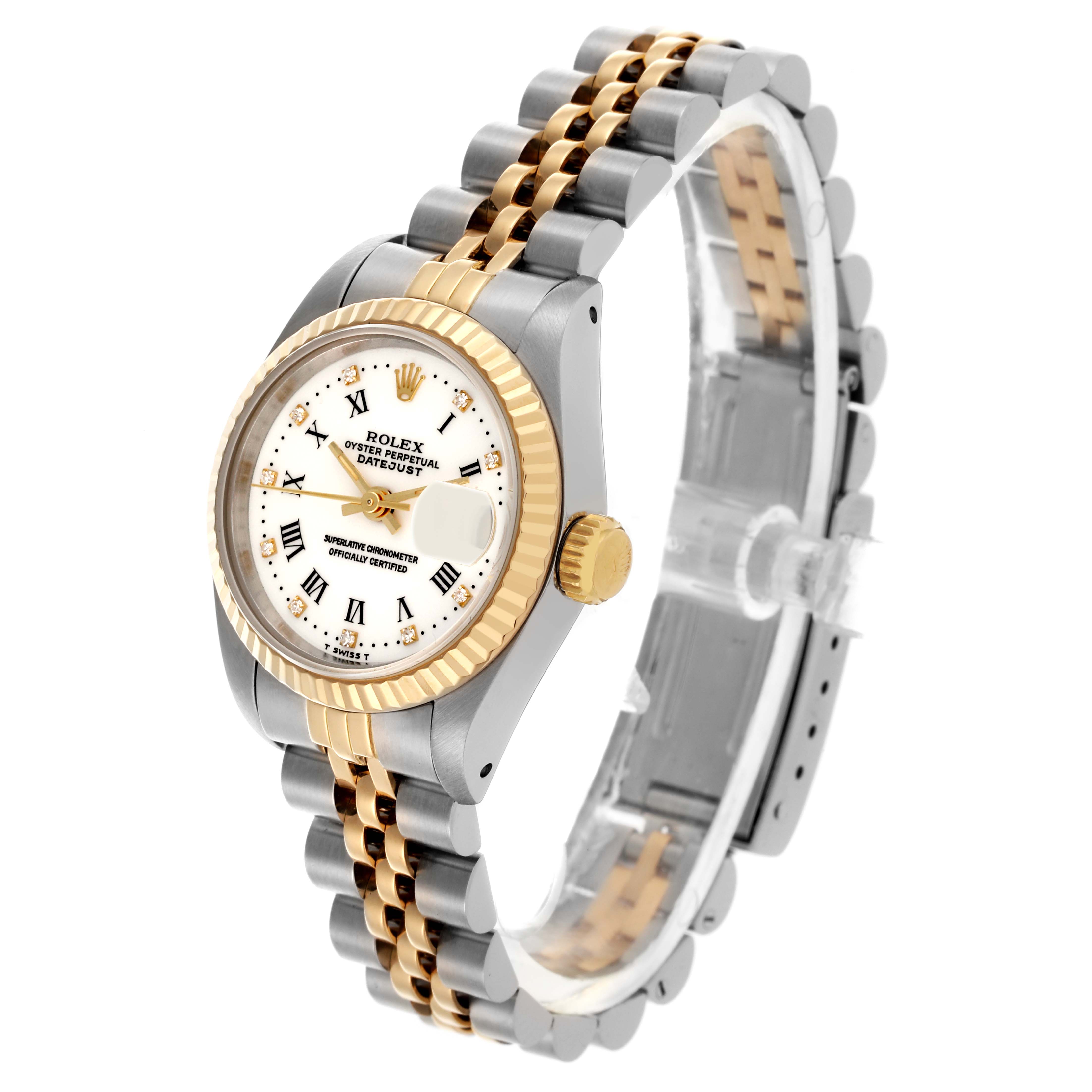 The Rolex Datejust 69173 Women's Steel and Gold (two tone) White Dial 69173 Women's Steel and Gold (two tone) White Dial watch is shown at a three-quarter angle, displaying the face, bezel, crown, and bracelet.