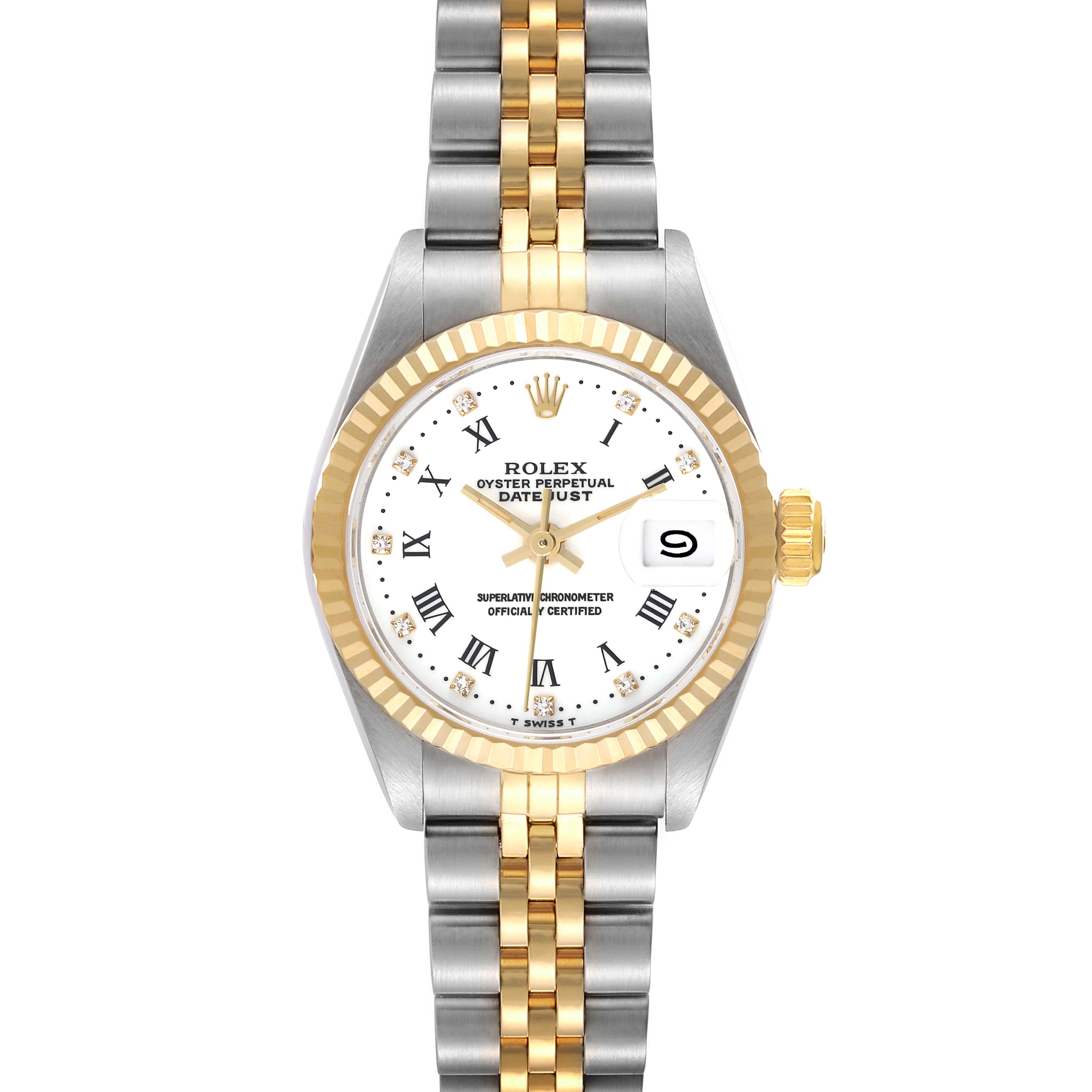 The Rolex Datejust 69173 Women's Steel and Gold (two tone) White Dial 69173 Women's Steel and Gold (two tone) White Dial watch is shown from a top-down angle, displaying its face, bracelet, and bezel.