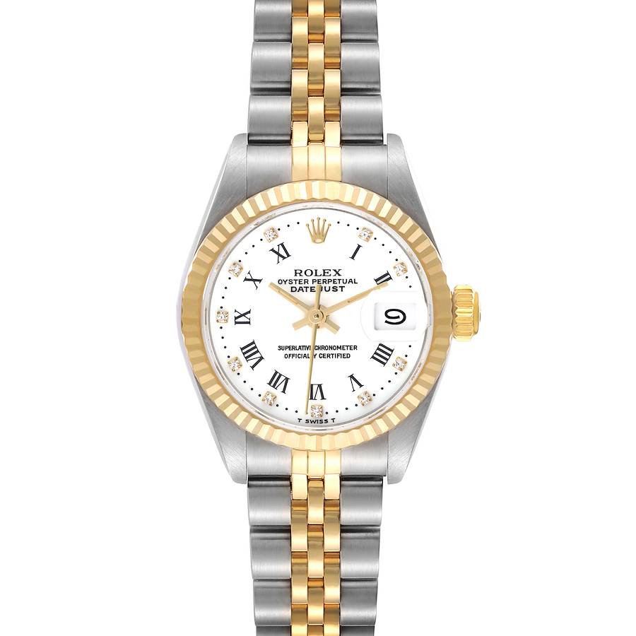 The Rolex Datejust watch is shown from a top-down angle, displaying its face, bracelet, and bezel.