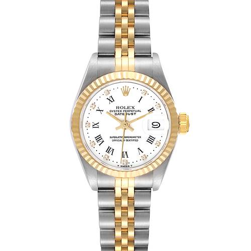 The Rolex Datejust watch is shown from a top-down angle, displaying its face, fluted bezel, and jubilee bracelet.