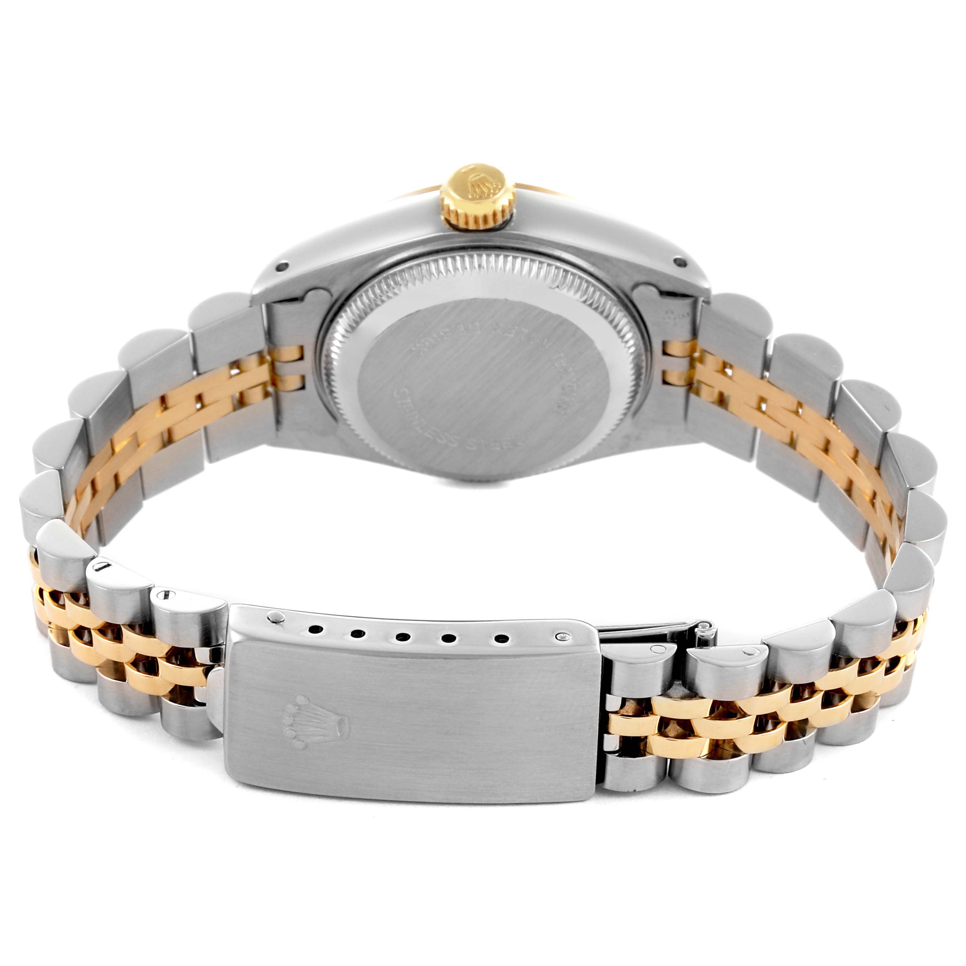 The image shows the back view of a Rolex Datejust 69173 Women's Steel and Gold (two tone) White Dial 69173 Women's Steel and Gold (two tone) White Dial watch, highlighting the two-tone bracelet and clasp.