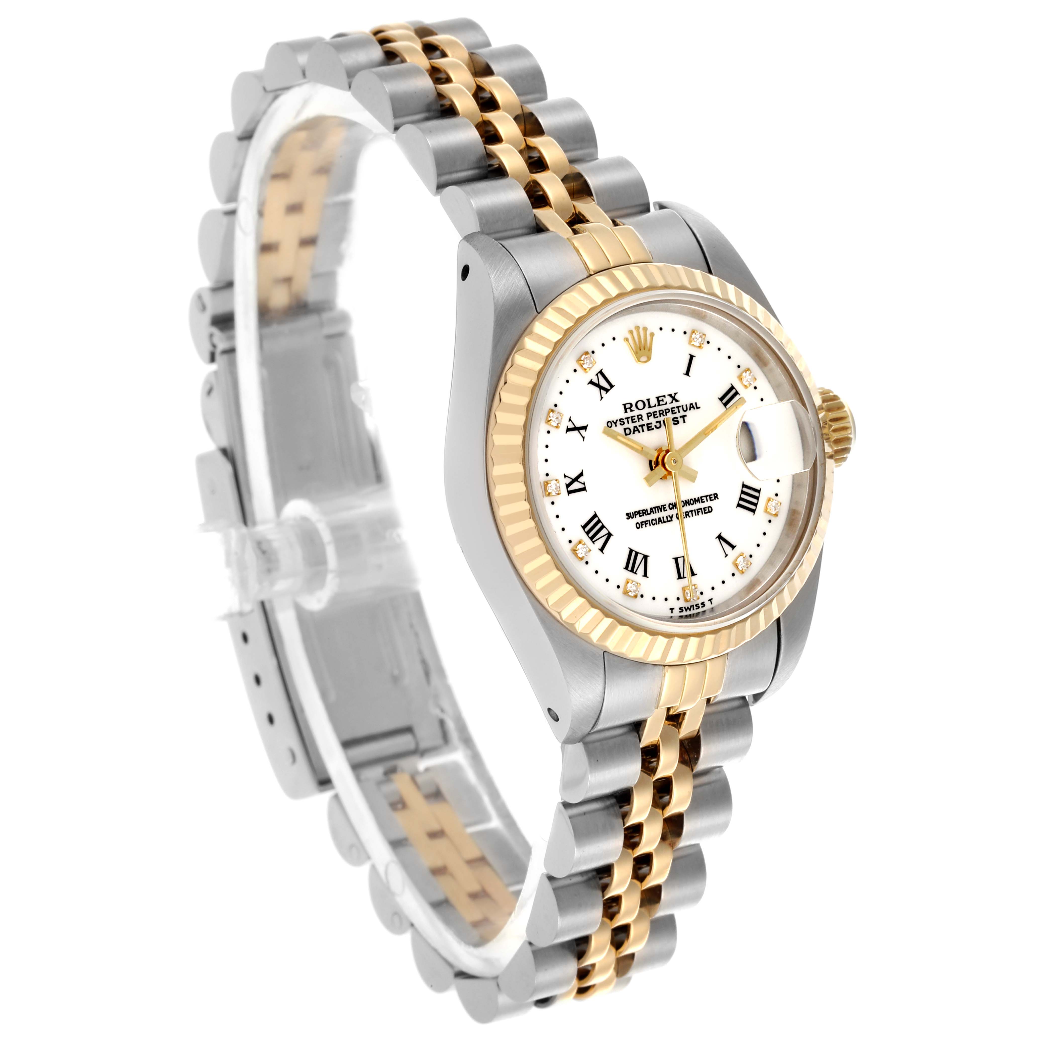 The Rolex Datejust 69173 Women's Steel and Gold (two tone) White Dial 69173 Women's Steel and Gold (two tone) White Dial watch is shown at a three-quarter angle, highlighting its dial, bezel, and Jubilee bracelet.