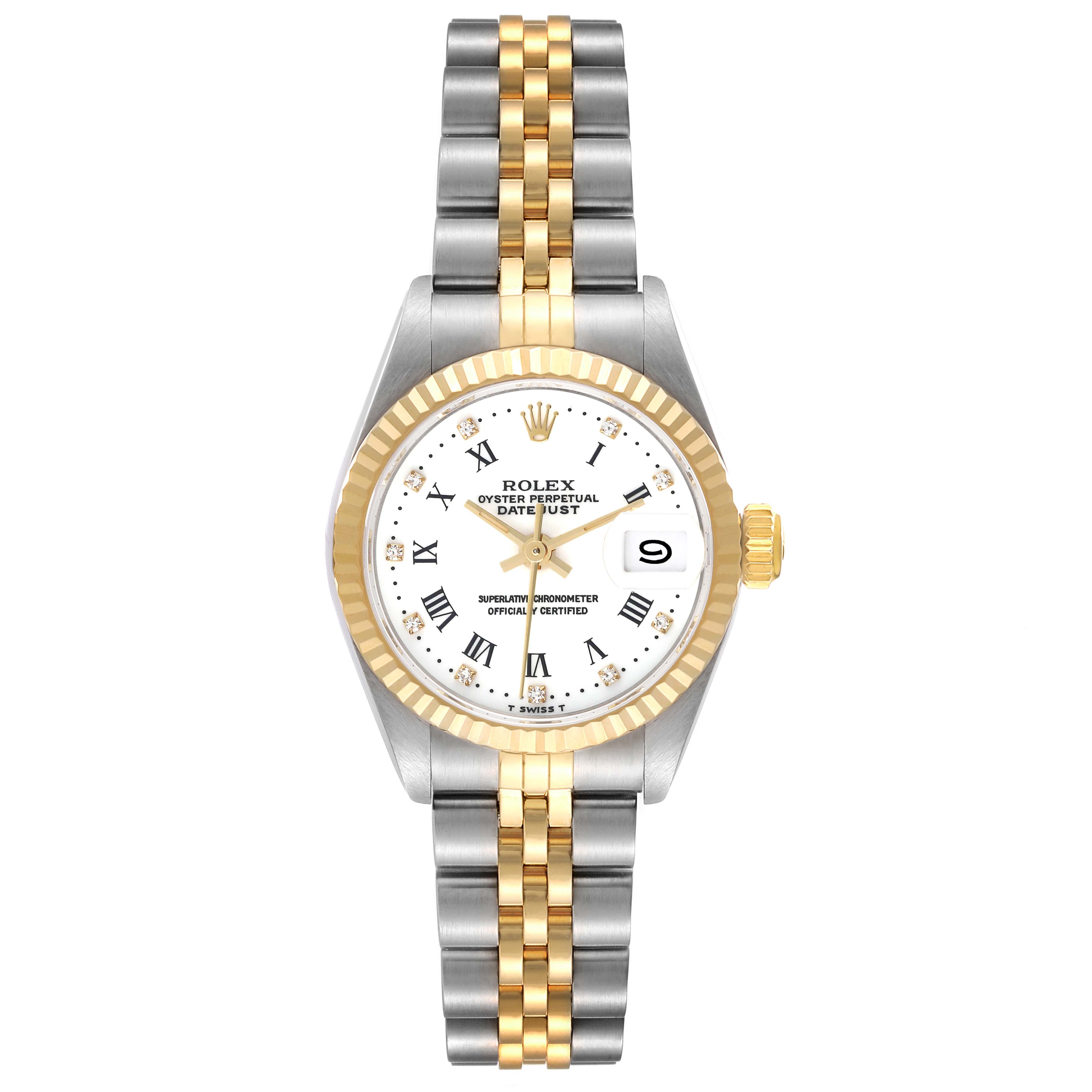 The image shows a Rolex Datejust 69173 Women's Steel and Gold (two tone) White Dial 69173 Women's Steel and Gold (two tone) White Dial watch from a top-down angle, highlighting its dial, bezel, and strap.