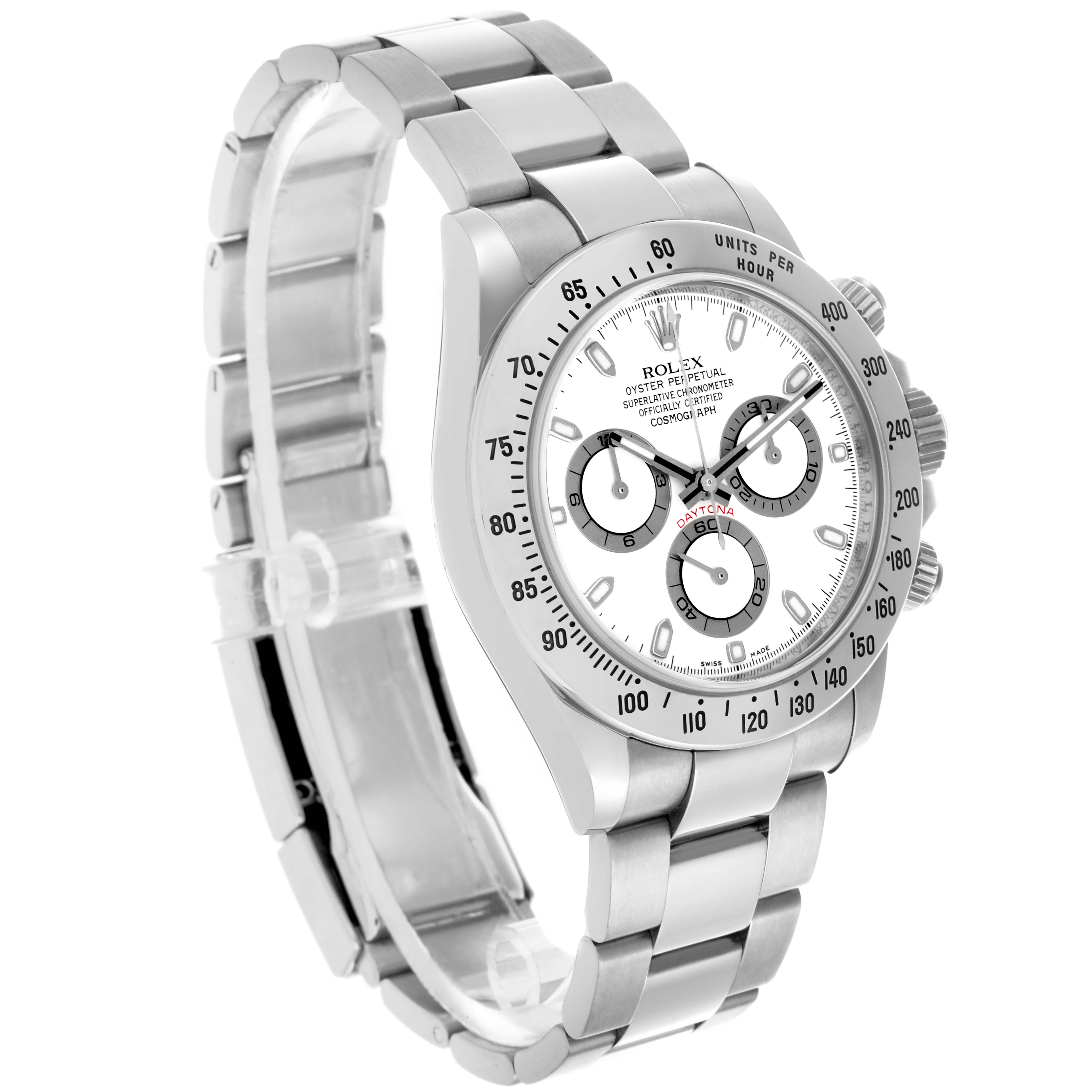 The image shows a Rolex Daytona 116520 Men's Stainless Steel White Dial 116520 Men's Stainless Steel White Dial watch from a three-quarter angle, displaying the face, bezel, and bracelet.