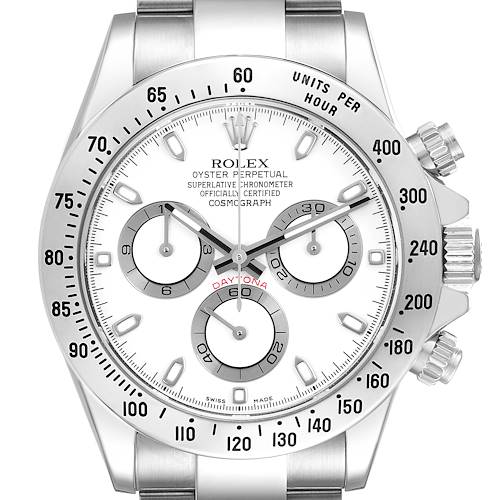 The Rolex Daytona watch is shown from the front, highlighting the dial, bezel, and subdials.