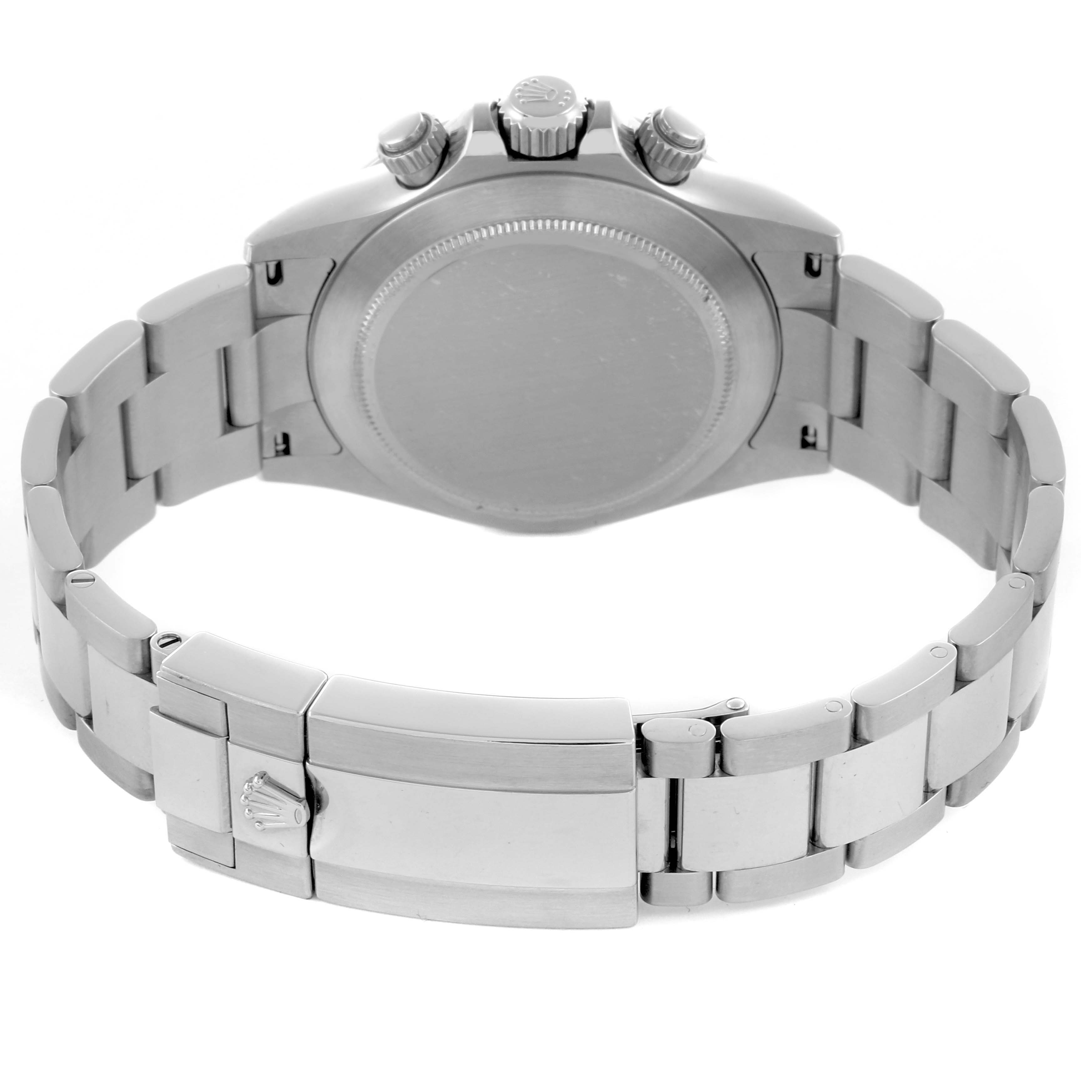 The image shows the case back and bracelet of a Rolex Daytona 116520 Men's Stainless Steel White Dial 116520 Men's Stainless Steel White Dial watch viewed from the rear angle.