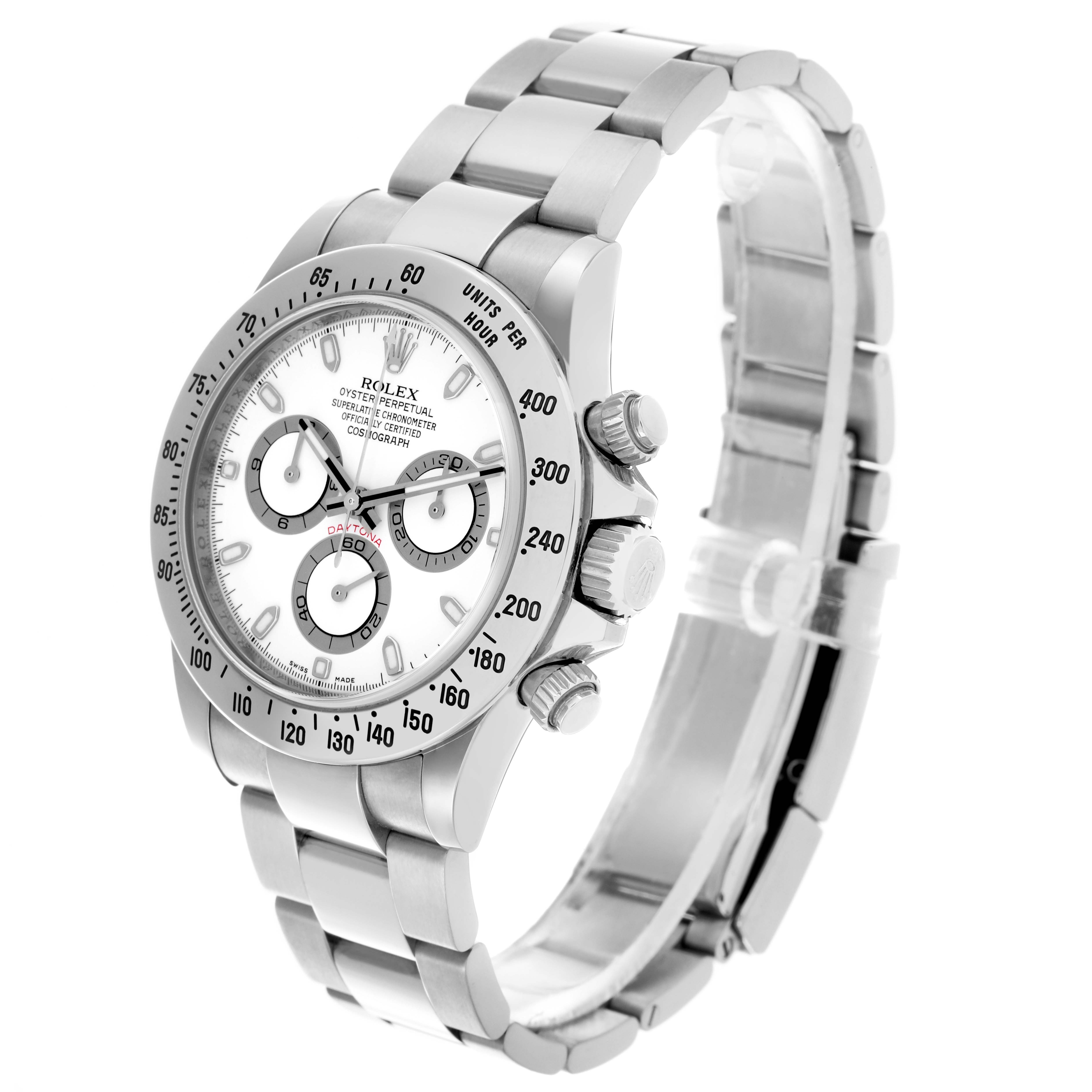 The Rolex Daytona 116520 Men's Stainless Steel White Dial 116520 Men's Stainless Steel White Dial watch is shown at an angled side view, displaying the face, bezel, crown, and part of the bracelet.