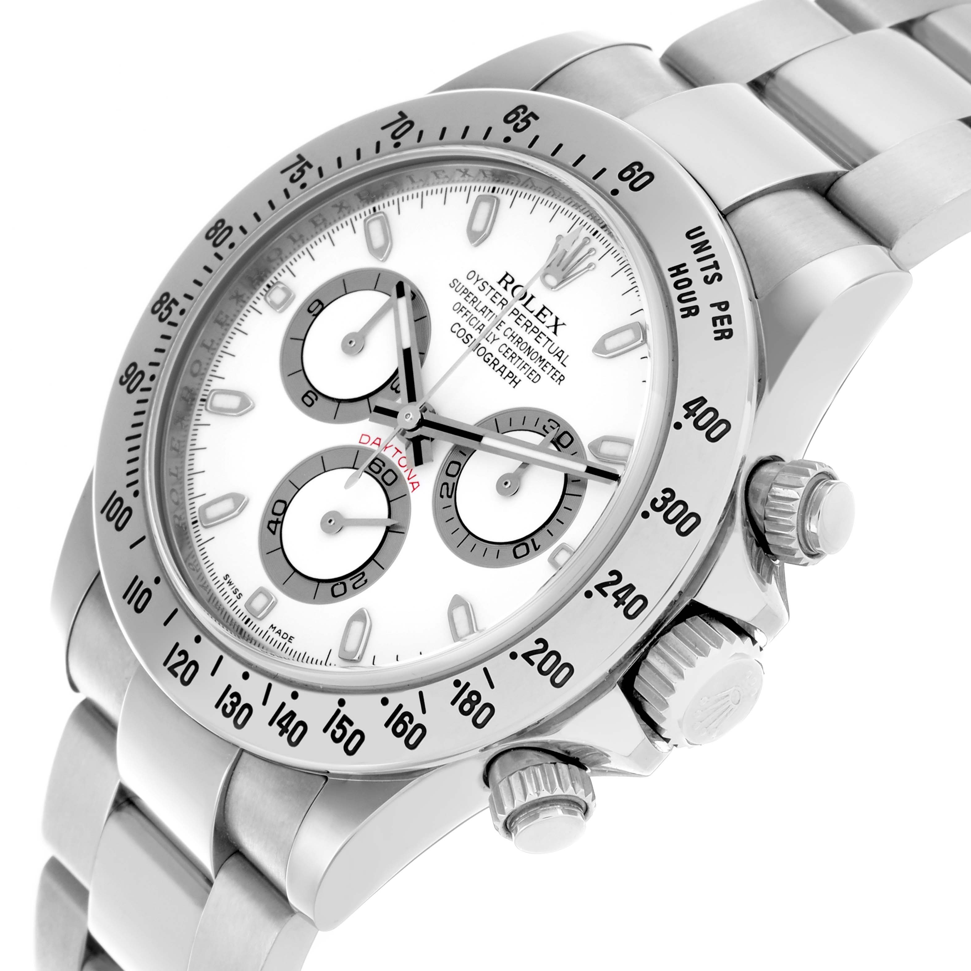 The Rolex Daytona 116520 Men's Stainless Steel White Dial 116520 Men's Stainless Steel White Dial watch is shown at a slight angle, highlighting the dial, bezel, pushers, and part of the bracelet.